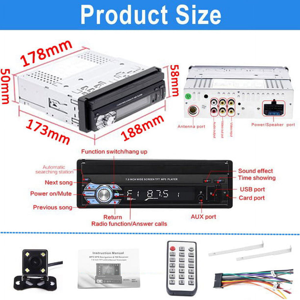 Podofo 1 DIN 7" HD Retractable Car Stereo Car Radio with Bluetooth Touch Screen Single Din Car MP5 Player Monitor SD FM USB with 4 LED Rear View Camera