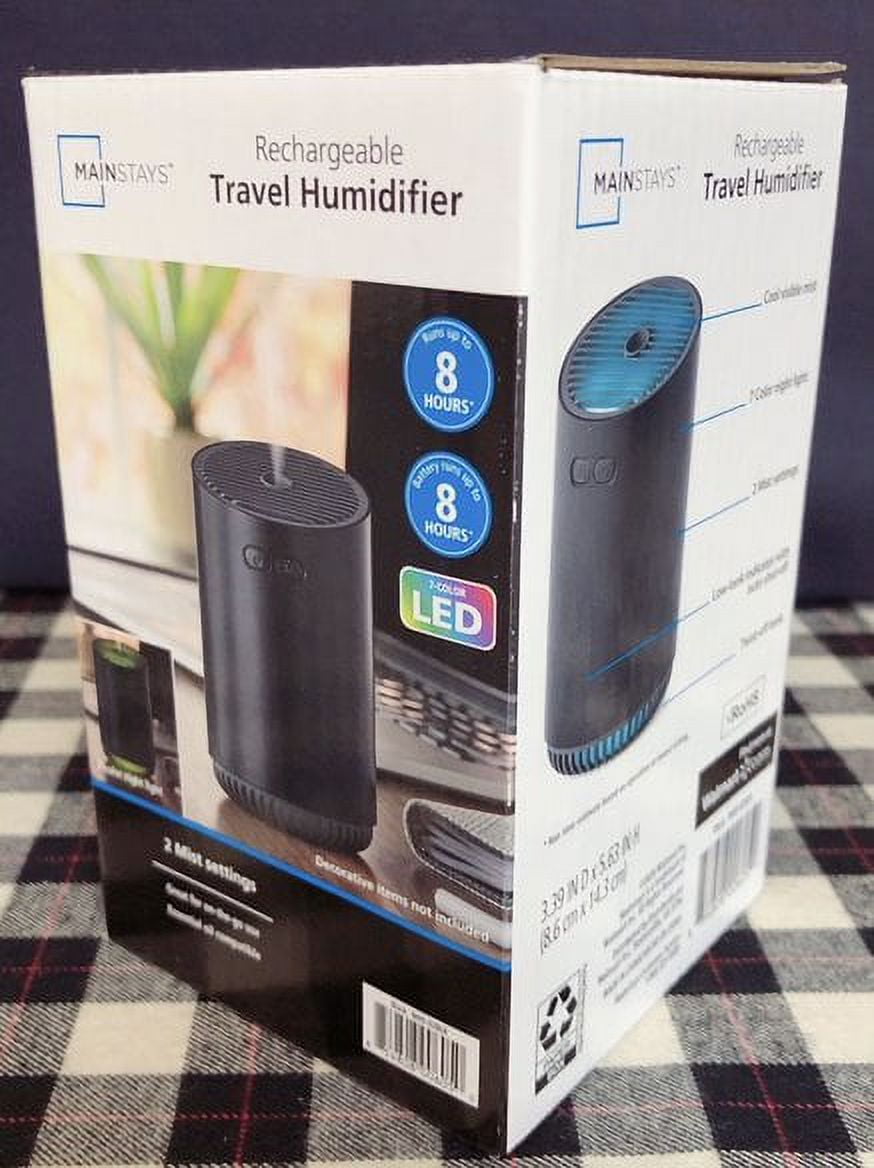 Mainstays Rechargeable Cool Mist Travel Humidifier 320 ml with 7-color LED Lights, MHD-02BLK, Black