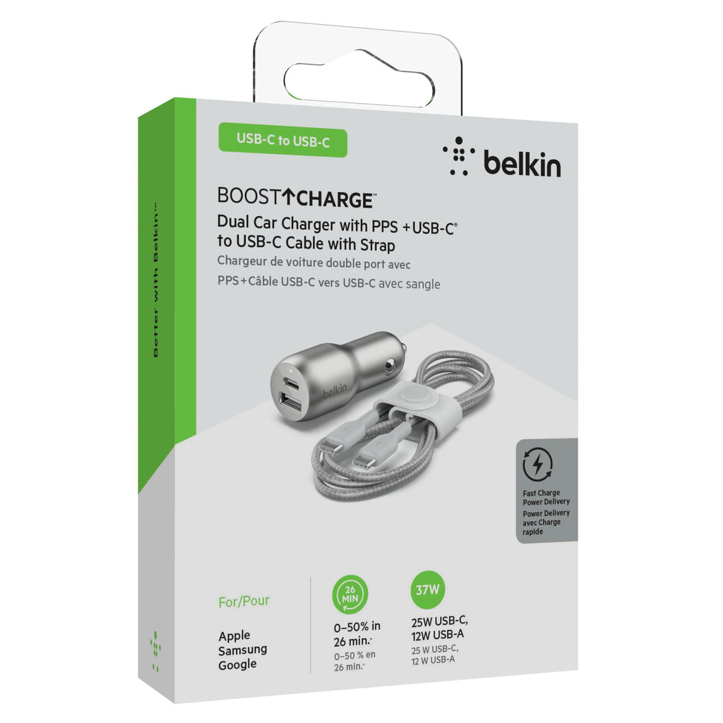 Belkin 37W Dual Port Fast Car Charger with 3.3ft USB-C Cable Included, USB-C 25W PPS Port and USB-A 12W Port for Galaxy S23, S23+, Ultra, Note20, iPhone 15, 14, 13, 12, 11, Pro, Max, Mini and More