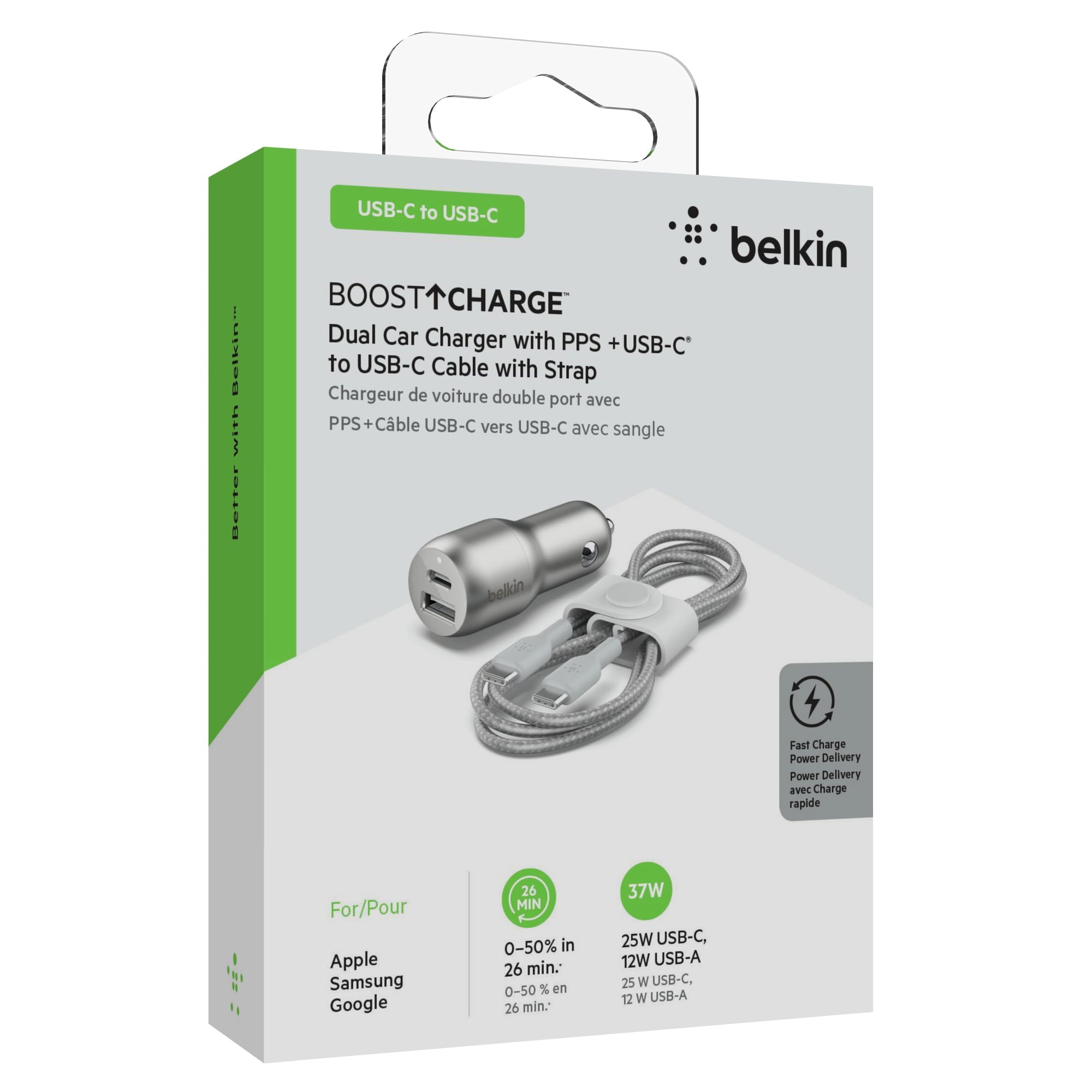 Belkin 37W Dual Port Fast Car Charger with 3.3ft USB-C Cable Included, USB-C 25W PPS Port and USB-A 12W Port for Galaxy S23, S23+, Ultra, Note20, iPhone 15, 14, 13, 12, 11, Pro, Max, Mini and More