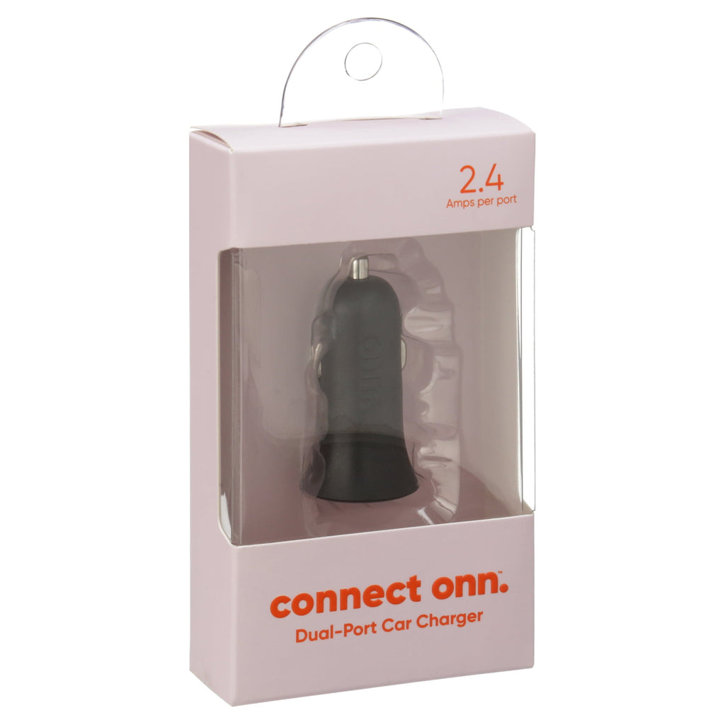 onn. Dual-Port Car Charger, Black,LED power indicator, cell phone charger, charge an additional device at the same time,universal device. Friendly plug into car’s DC adapter.