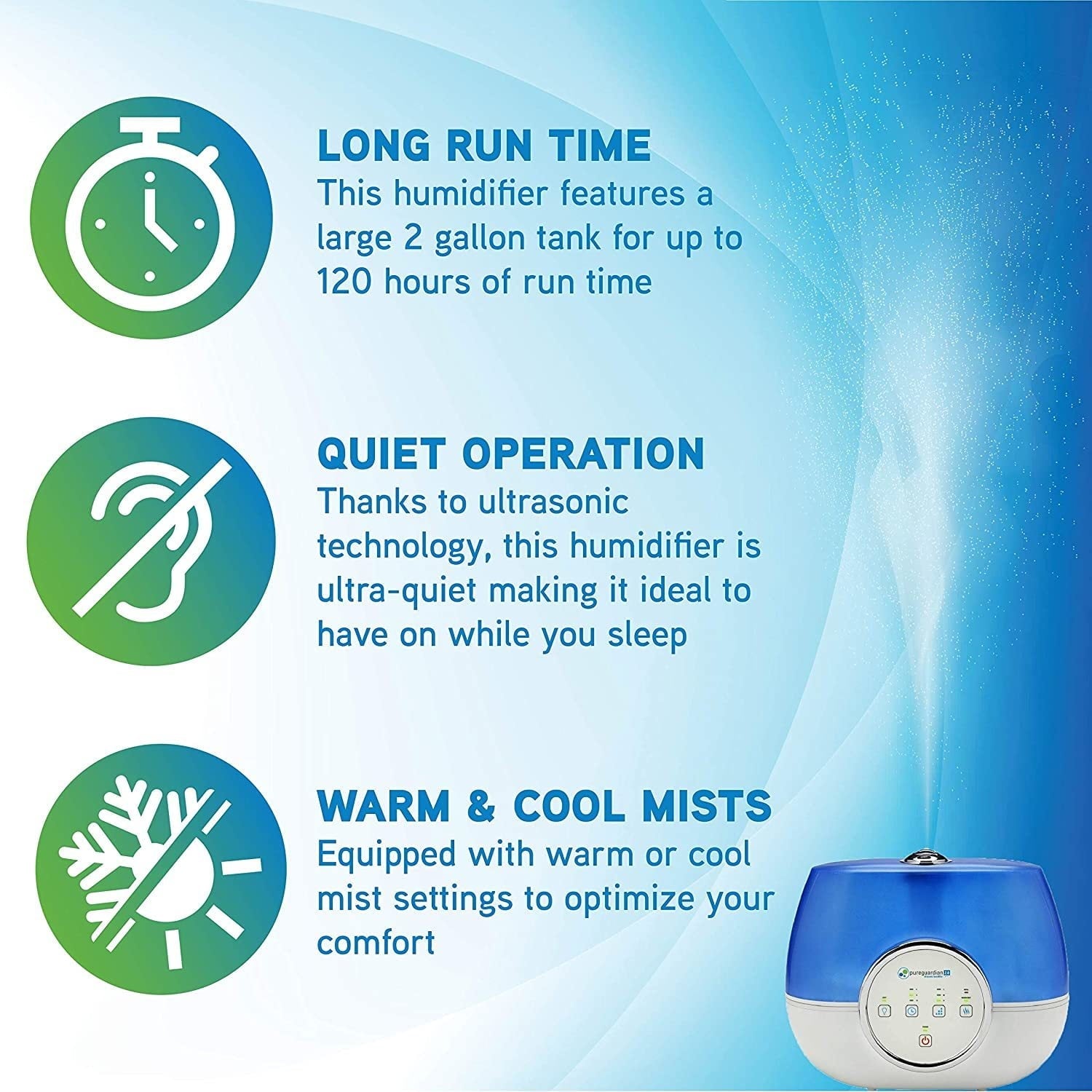 Pure Guardian 600 Sq. ft. 2-Gallon Warm and Cool Mist Ultrasonic Humidifier, H4810AR