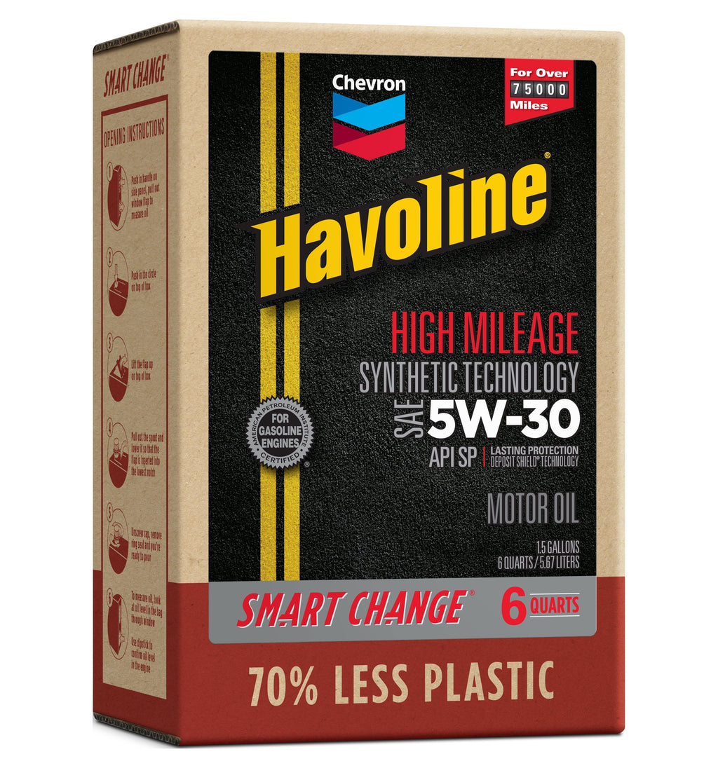 Chevron Havoline High Mileage Synthetic Technology Motor Oil 5W-30, 6 Quart Smart Change Box