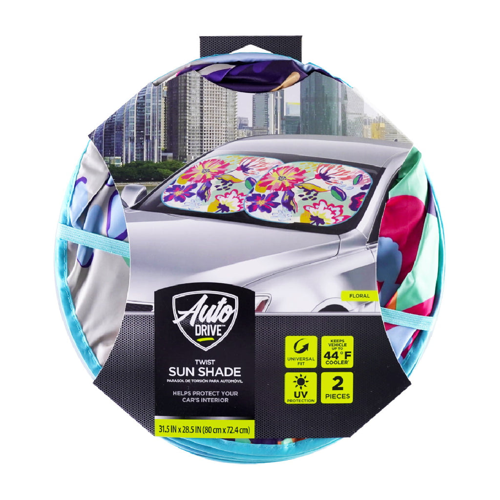 Auto Drive Sedan SUV Hatchback Windshield Floral Design Twist Sun Shade 1 Pair, 28.5"x 31.5"
