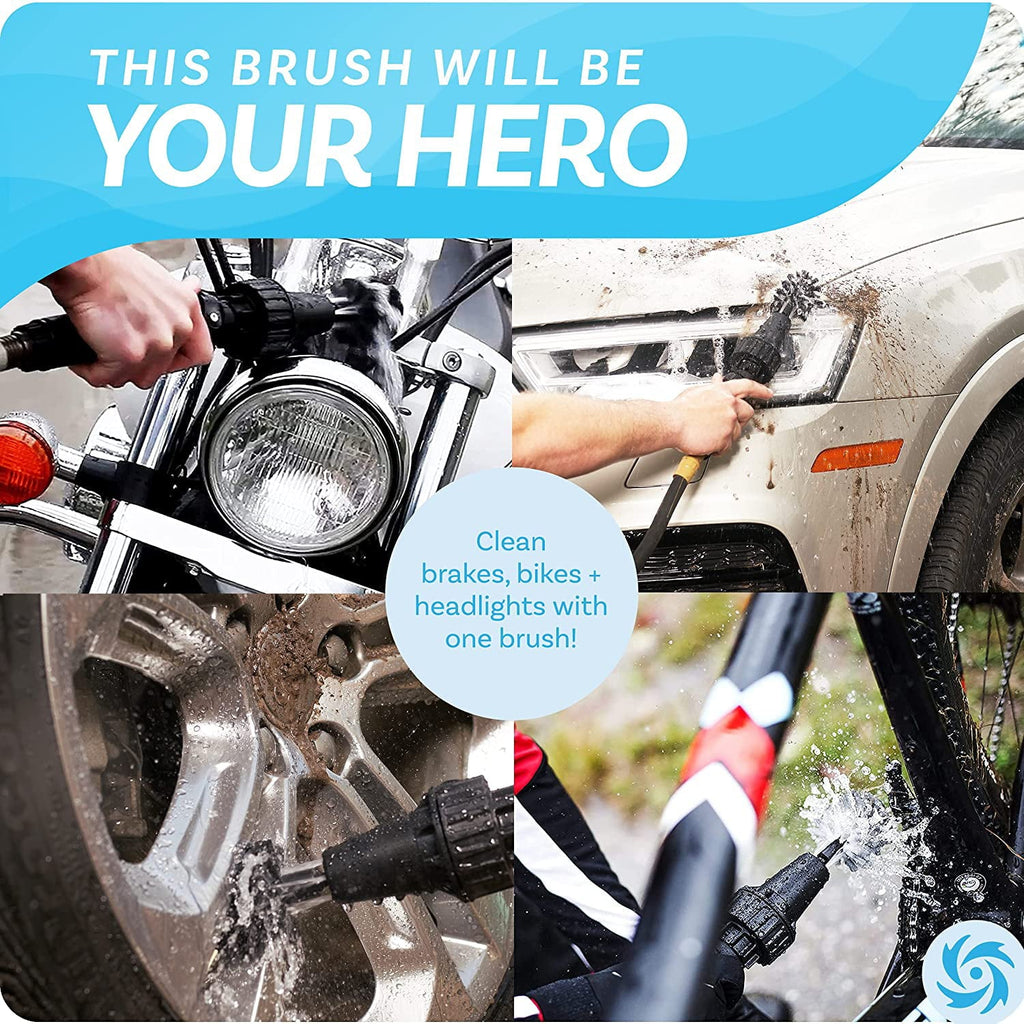 Brush Hero - Car Wheel Brush, Premium Automotive Detailer and Tire Brush Cleaning Kit for Bikes, Engines, Trucks, Boats, Equipment, Exhaust Tips, Premium Water-Powered Multi-Purpose Rim Brush