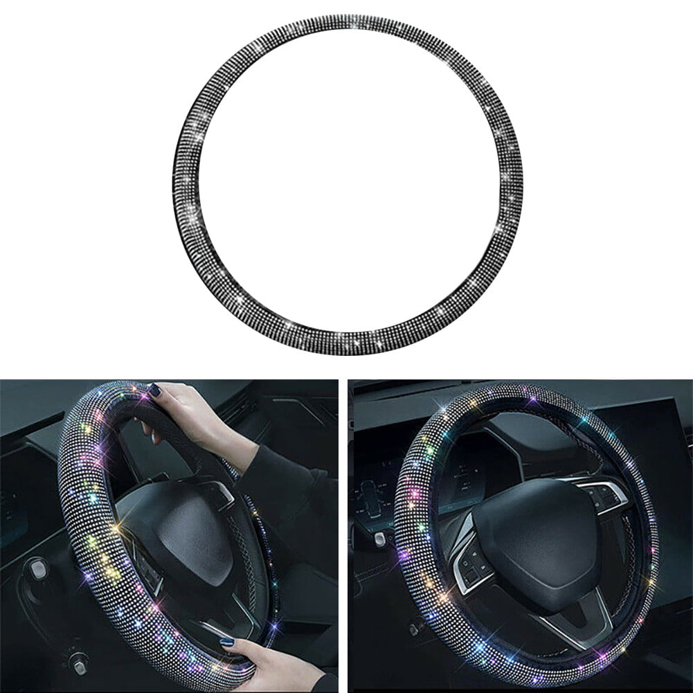 BAMILL Car Bling Steering Wheel Cover for Women Girls,15inch Universal Crystal Rhinestone Bling Anti-Slip Wheel Protector