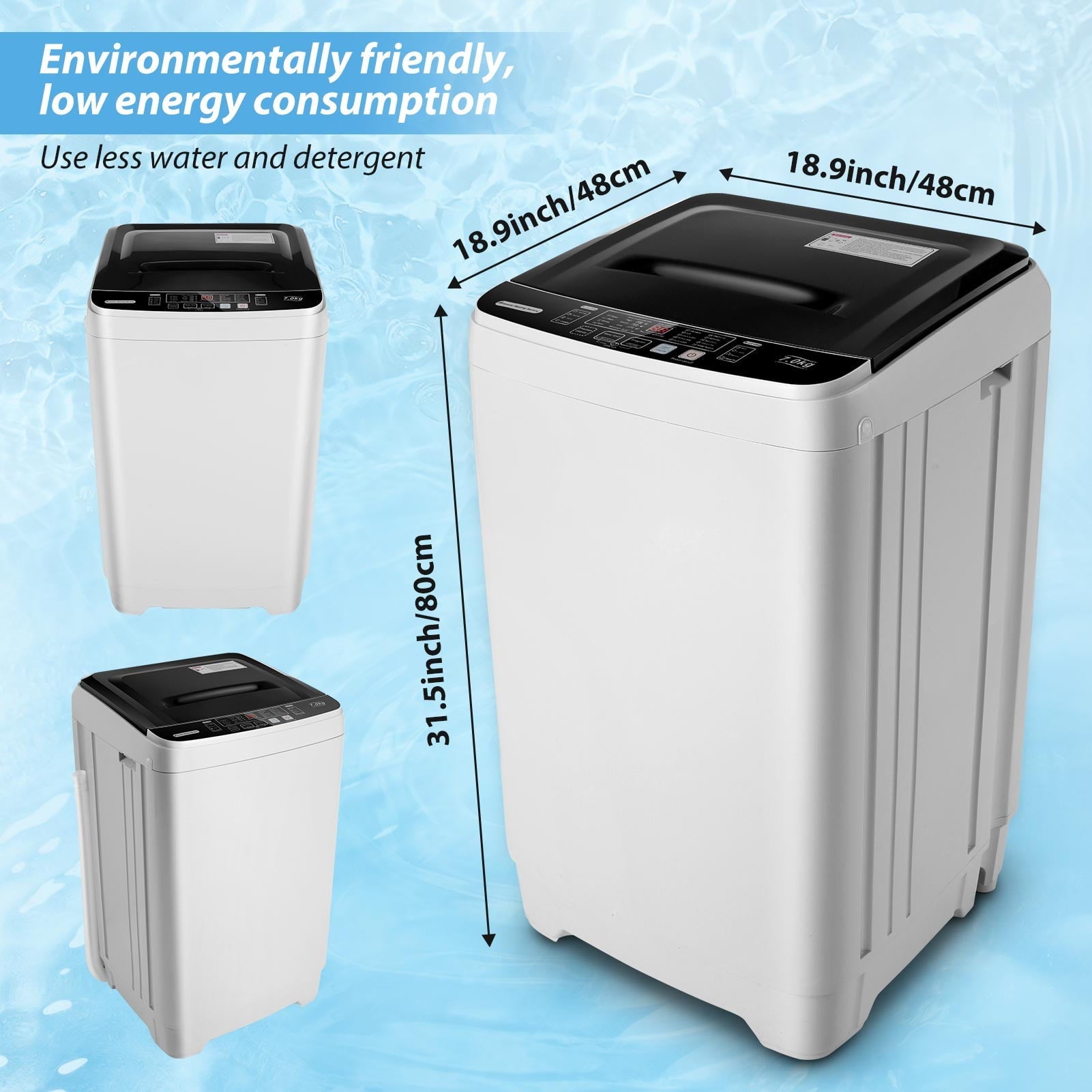 Qhomic Portable Washing Machine, 1.9 Cu.ft Fully Automatic Compact Washer, 10 Wash Programs Washer with Drain Pump, Faucet Adapter, Ideal for Apartments, RVs, Camping, Sapphire Grey