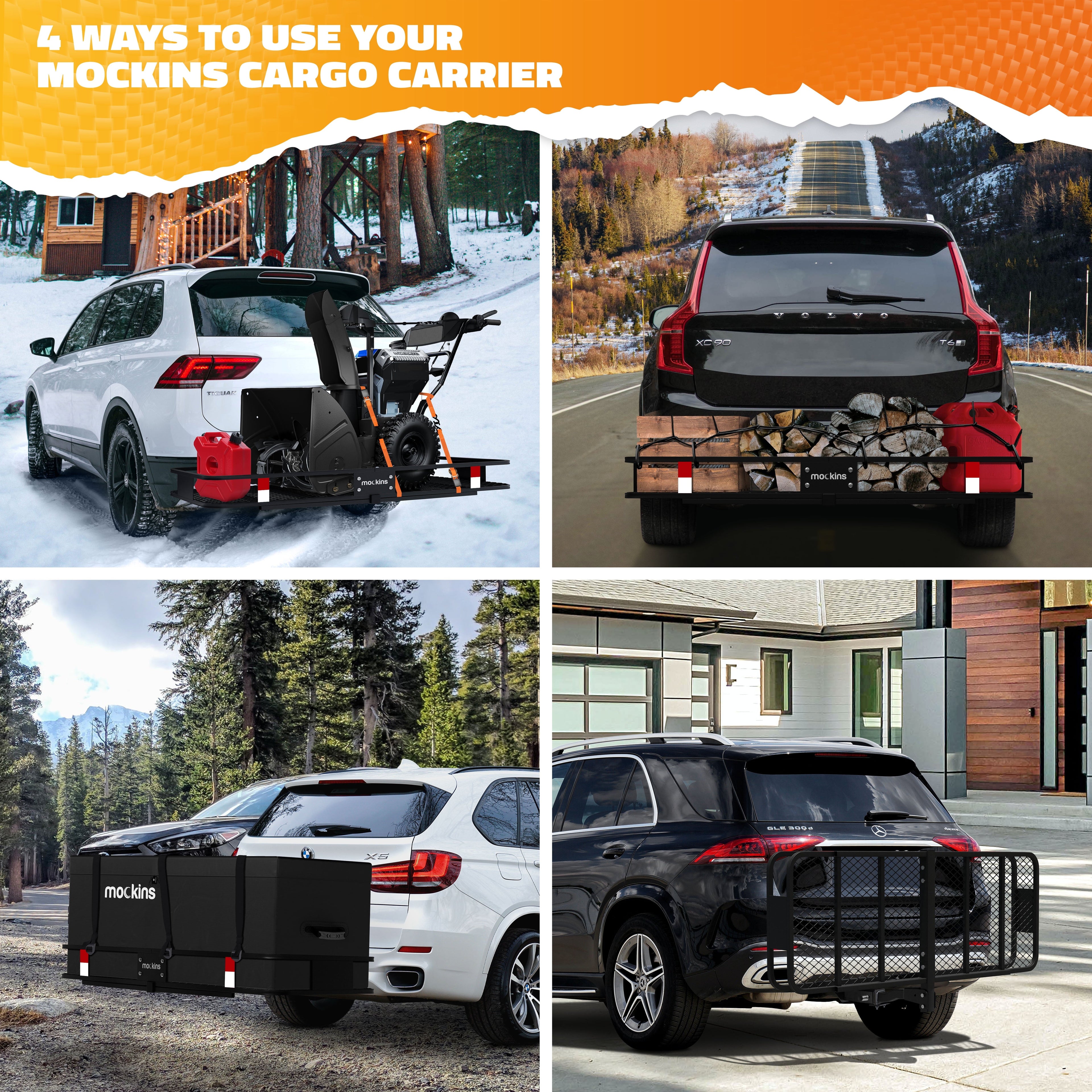 Mockins 60"x20"x6" Car Cargo Carrier Hitch Mount | 500 lbs Cap. Folding Hitch Basket with 16 CF Cargo Bag