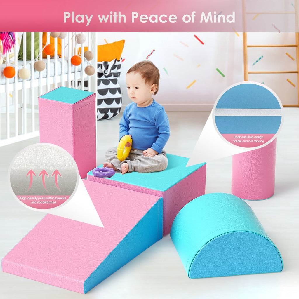 Climb and Crawl Activity Play Set, Soft Foam Climber 5-Piece Sets Crawl and Climb Foam, Toddler Climbing Toys Indoor with Slide Stairs and Ramp Indoor Climbing Toys for Kids and Child(Light Blue&Pink)
