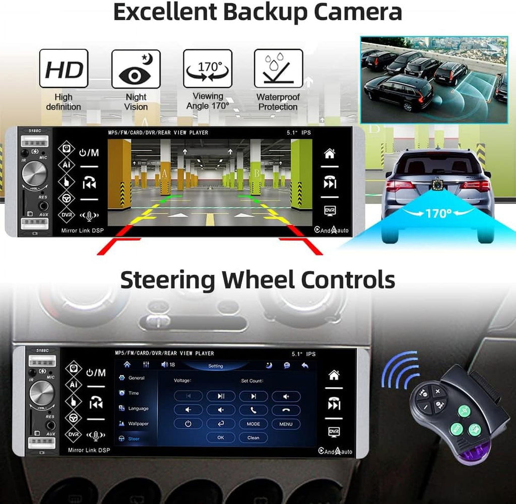 Podofo Single Din 5.1'' Car Stereo Radio Apple Carplay Android Auto Touch Screen Car Multimedia MP5 Player Bluetooth Mirror Link FM USB, with Back Up Camera