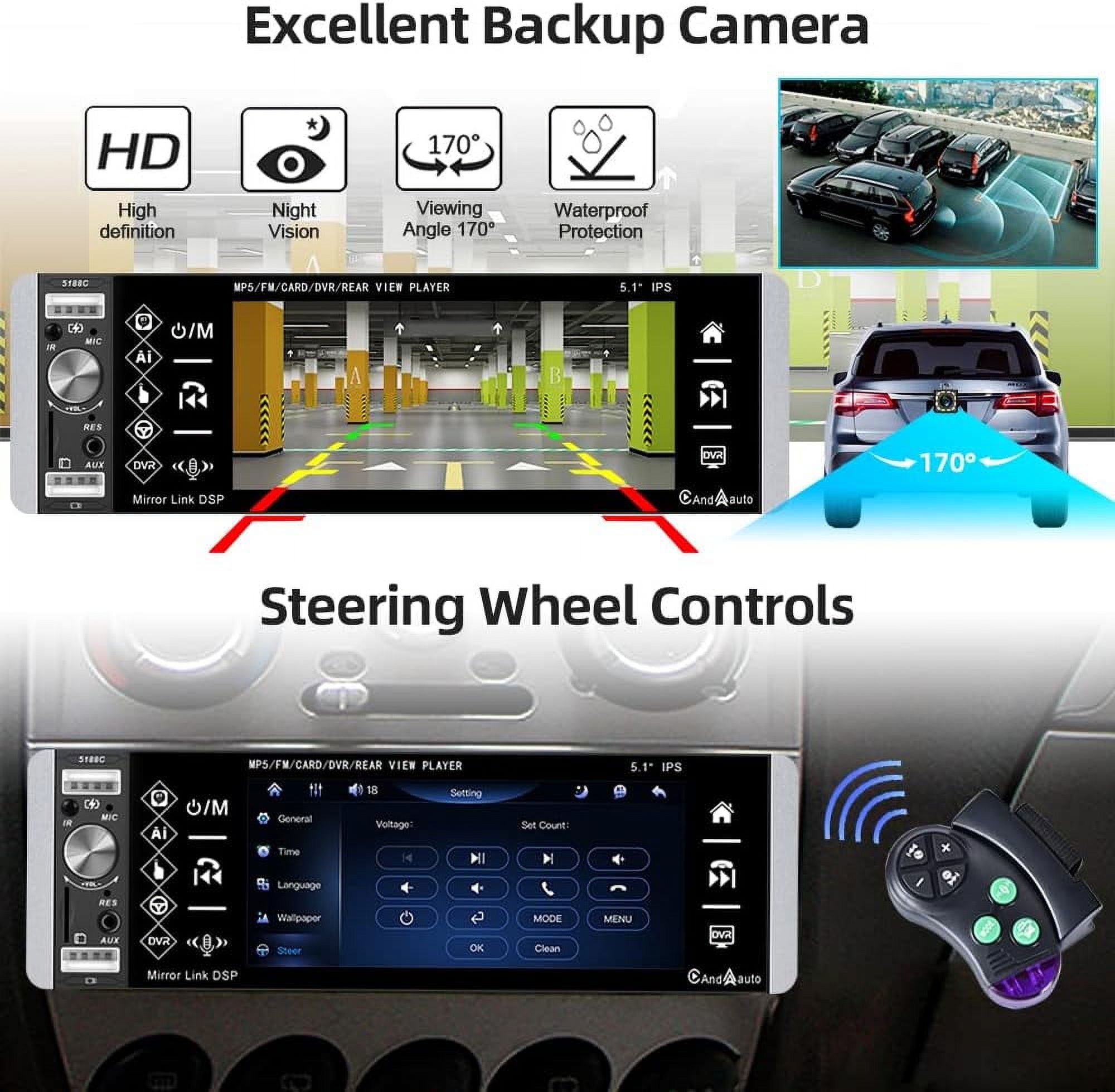 Podofo Single Din 5.1'' Car Stereo Radio Apple Carplay Android Auto Touch Screen Car Multimedia MP5 Player Bluetooth Mirror Link FM USB, with Back Up Camera