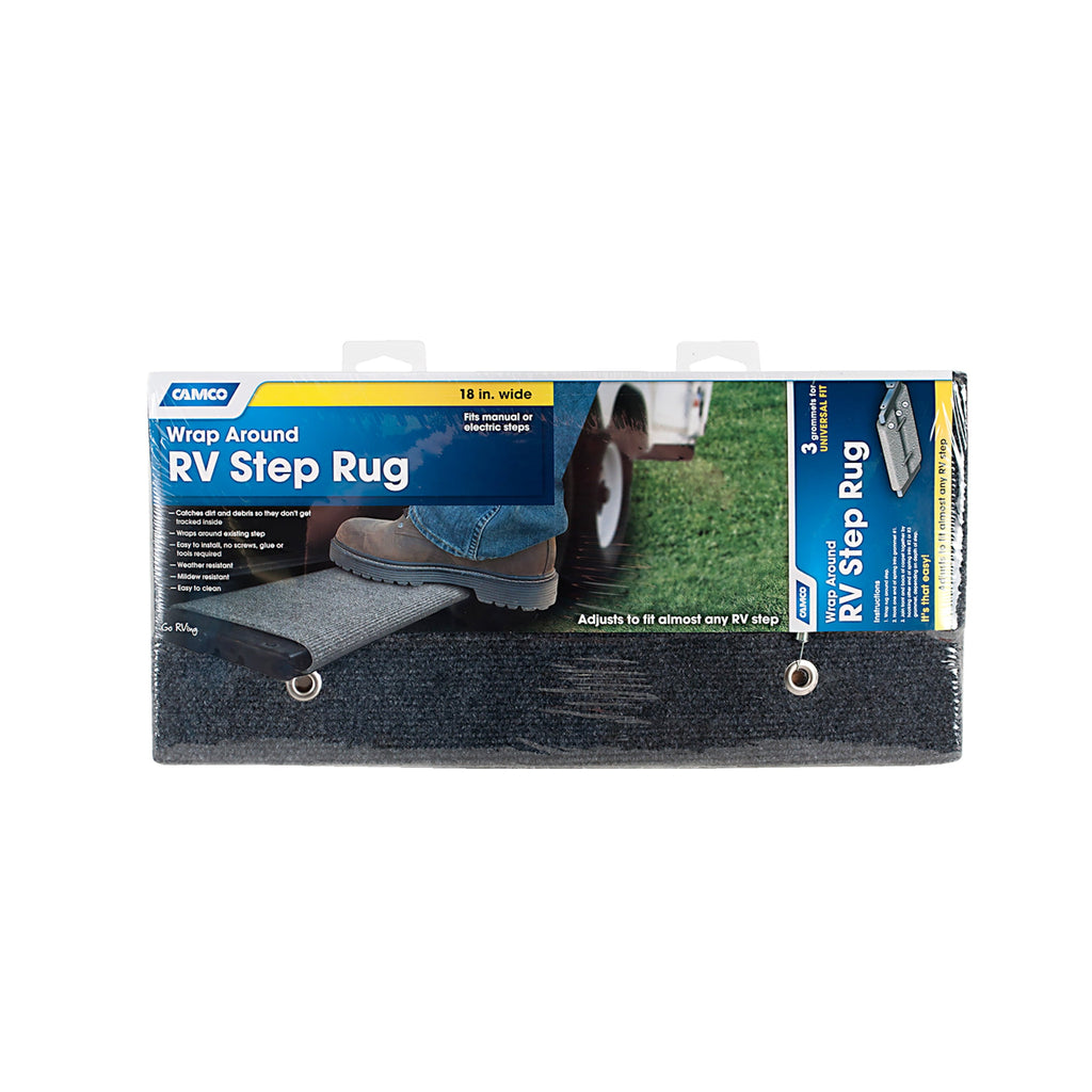 Camco's Wrap Around RV Step Rug | Compatible with Manual and Electric Camper Steps | Fits 18-inch Wide Steps | Gray (42925)
