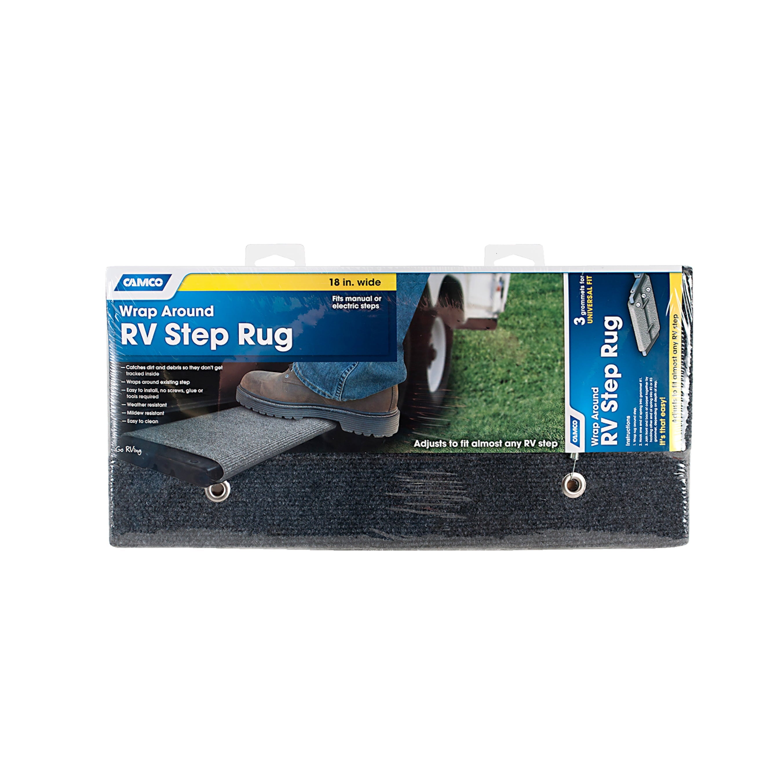 Camco's Wrap Around RV Step Rug | Compatible with Manual and Electric Camper Steps | Fits 18-inch Wide Steps | Gray (42925)