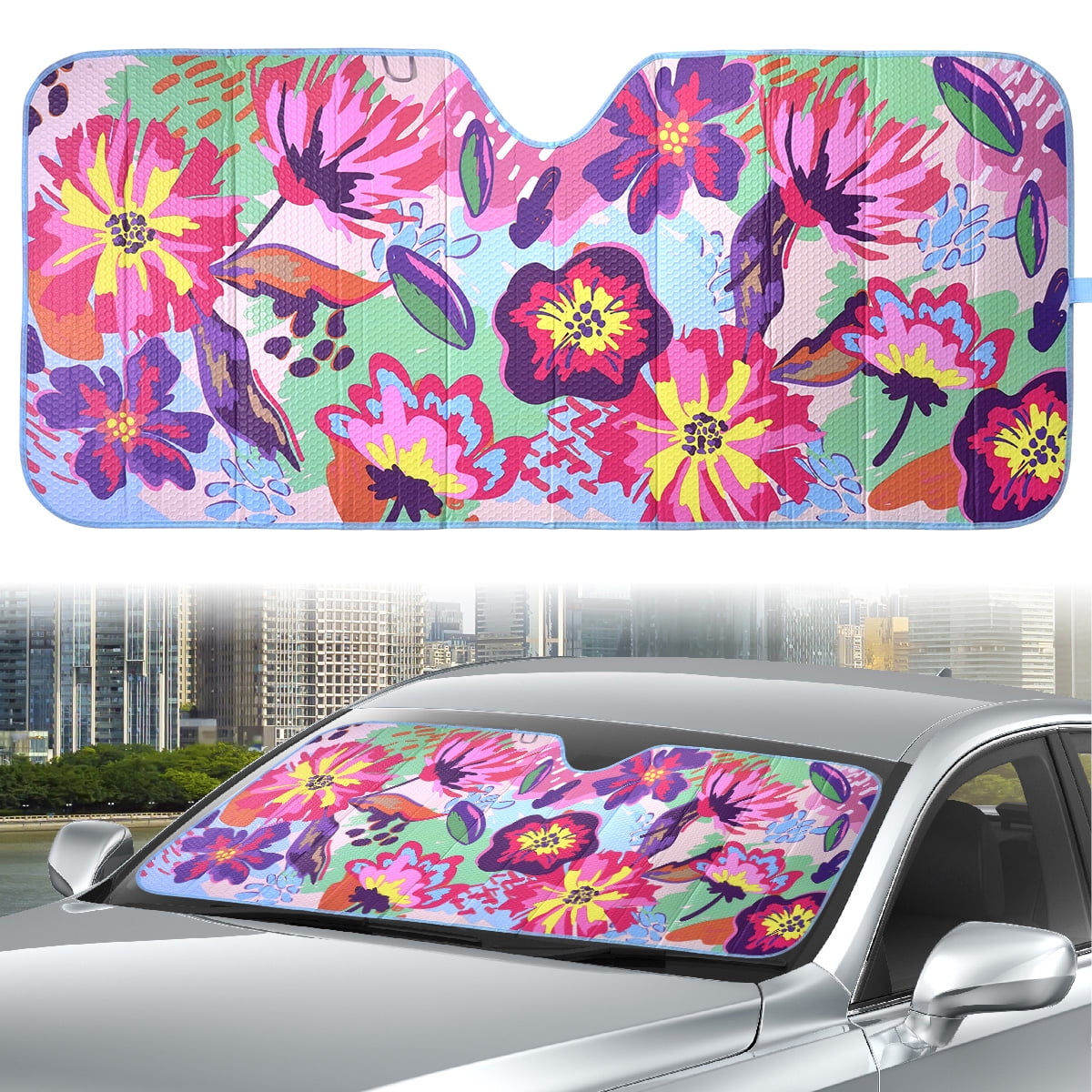 Auto Drive Windshield Floral Folding Sun Shade for Model of Sedan SUV Liftback Hatchback1 Pack, 63"x 28.5"