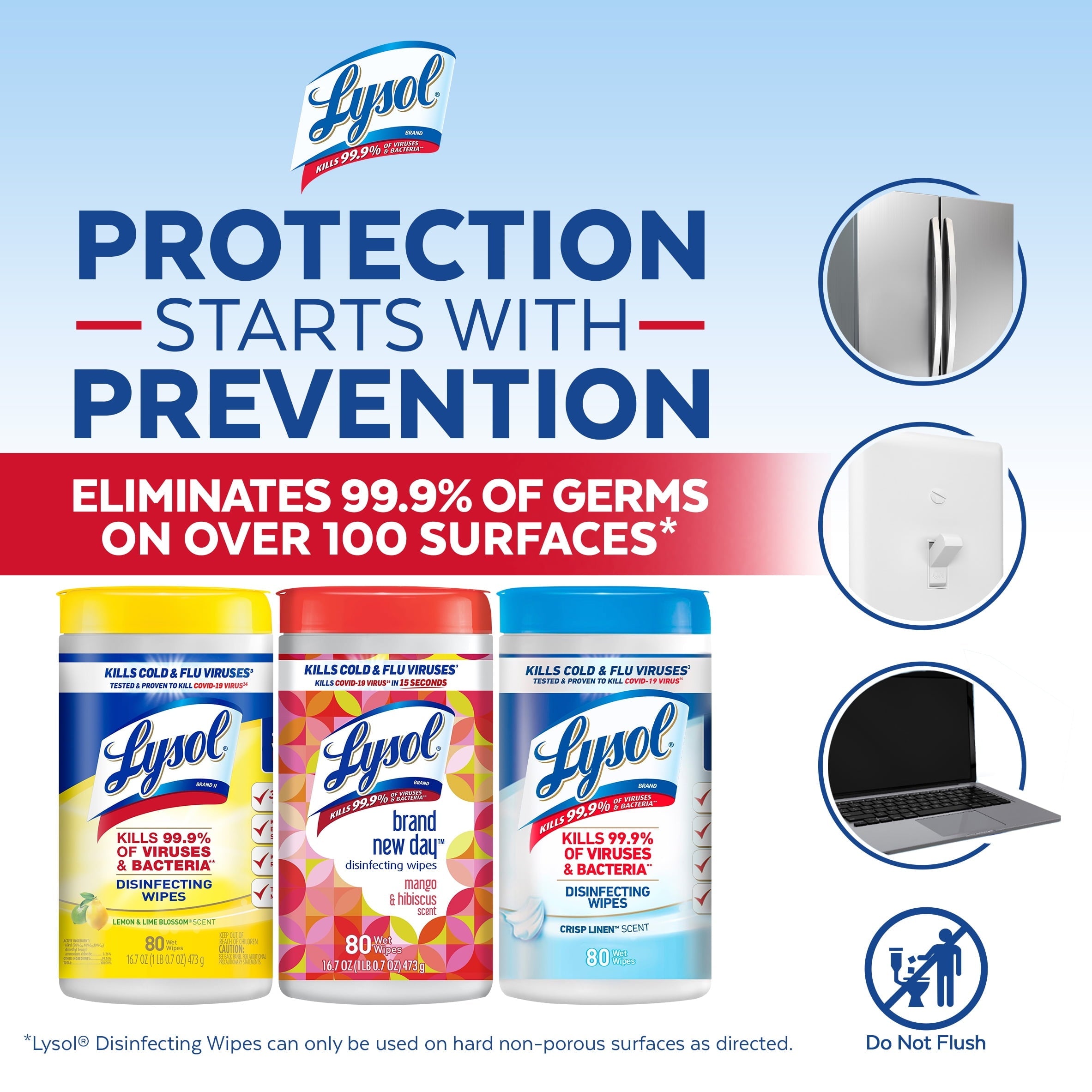 Lysol Disinfectant Wipes Bundle, Multi-Surface Antibacterial Cleaning Wipes, contains 1 Lemon (80ct) 1 Crisp Linen (80ct) & 1 Mango & Hibiscus (80ct)