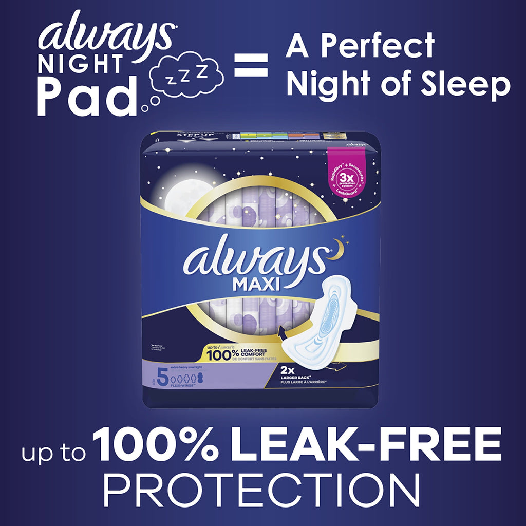 Always Maxi Pads Unscented with Wings, Overnight Absorbency, Size 5, 36 Ct