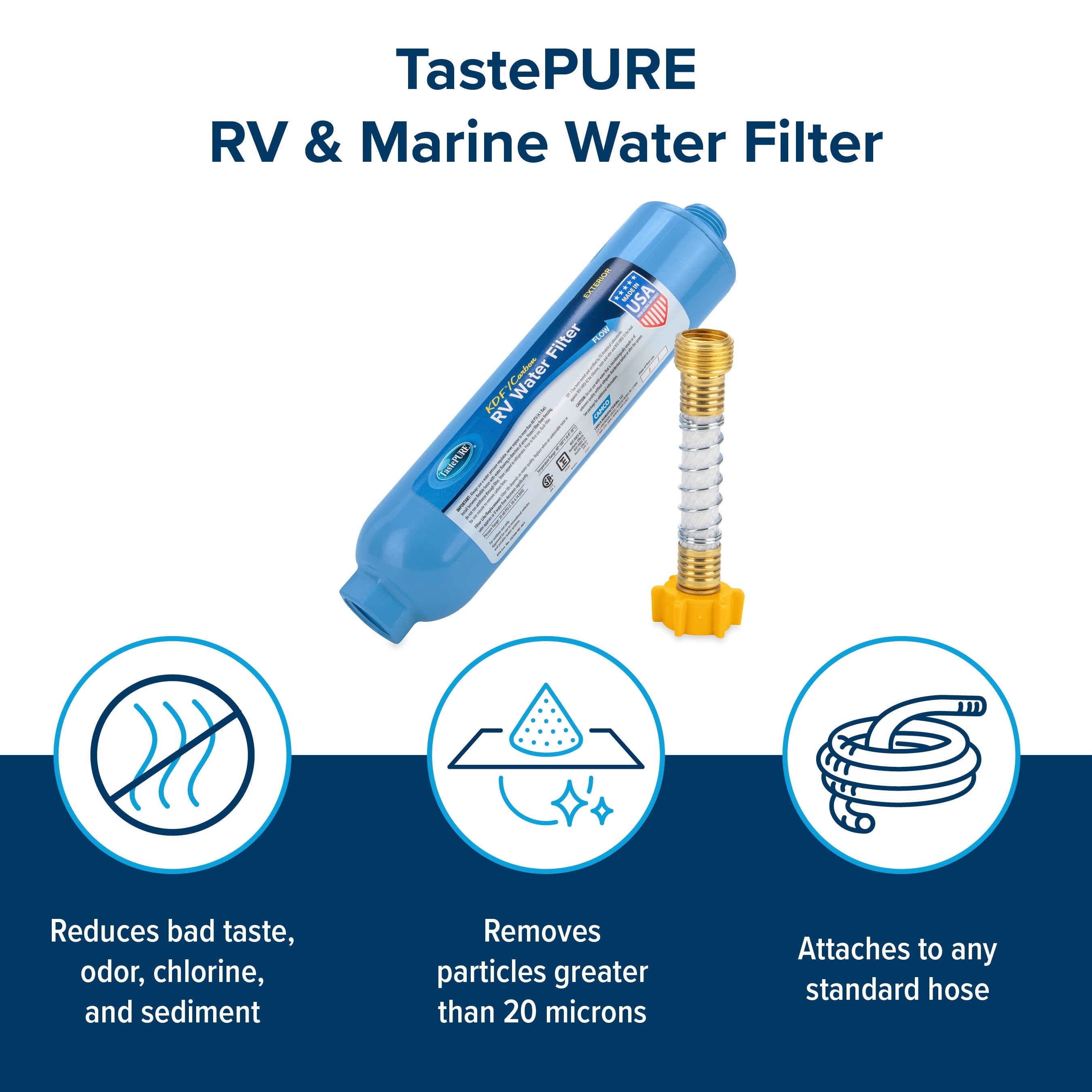 Camco TastePURE Camper/RV Water Filter & Hose Protector | Inline Water Filter Reduces Bad Taste, Odor, Chlorine & Sediment | Ideal for RVs, Campers, Travel Trailers, Boats | (40043)