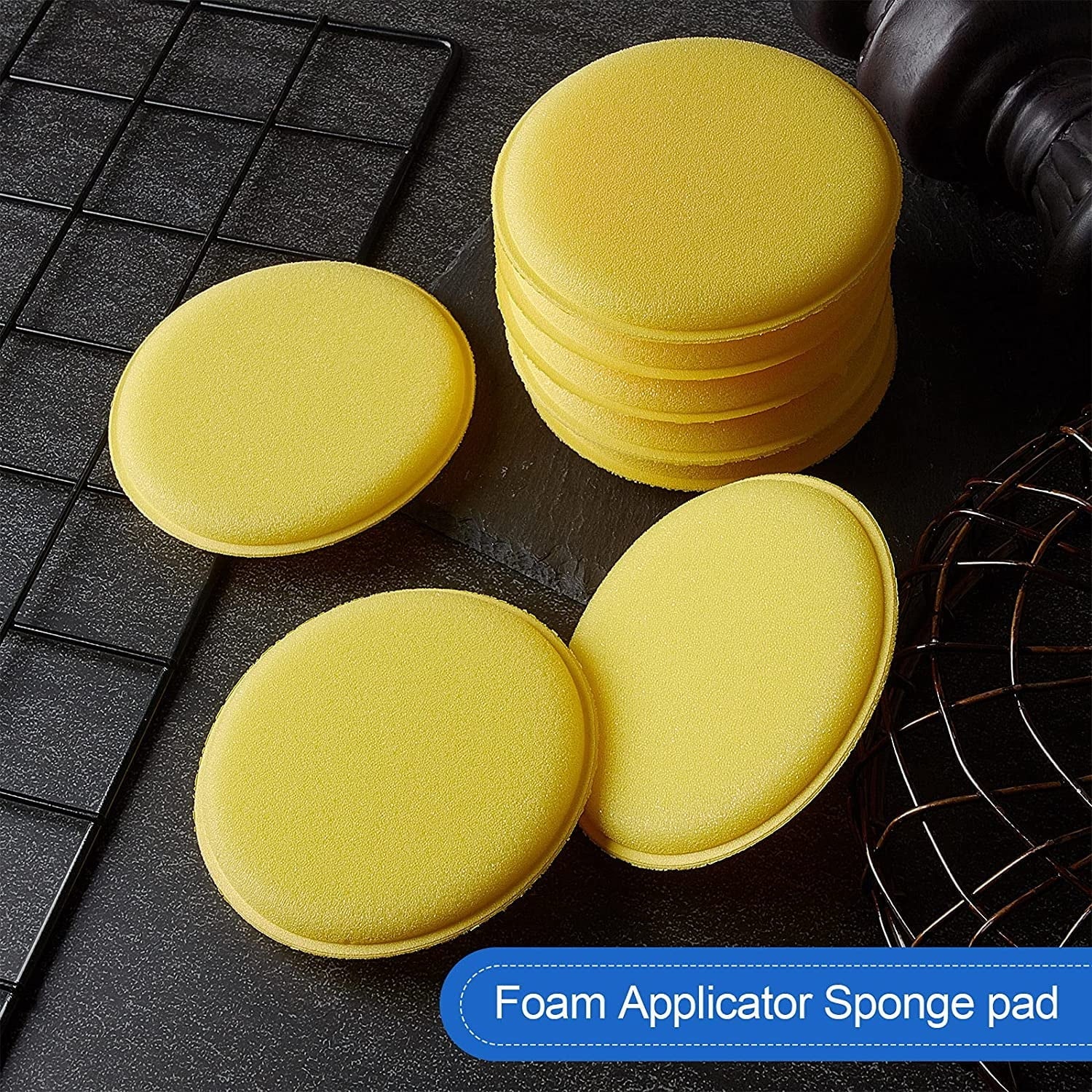 GIXUSIL 12Pcs 4 inch Wax Foam Applicator Pad, Car Polishing and Waxing Sponge, Polyurethane Waxing Sponge, Cleaning and Car Washing Soft Sponge, Round Shaped Pressing Foam Sponge Cleaning Tool, Yellow