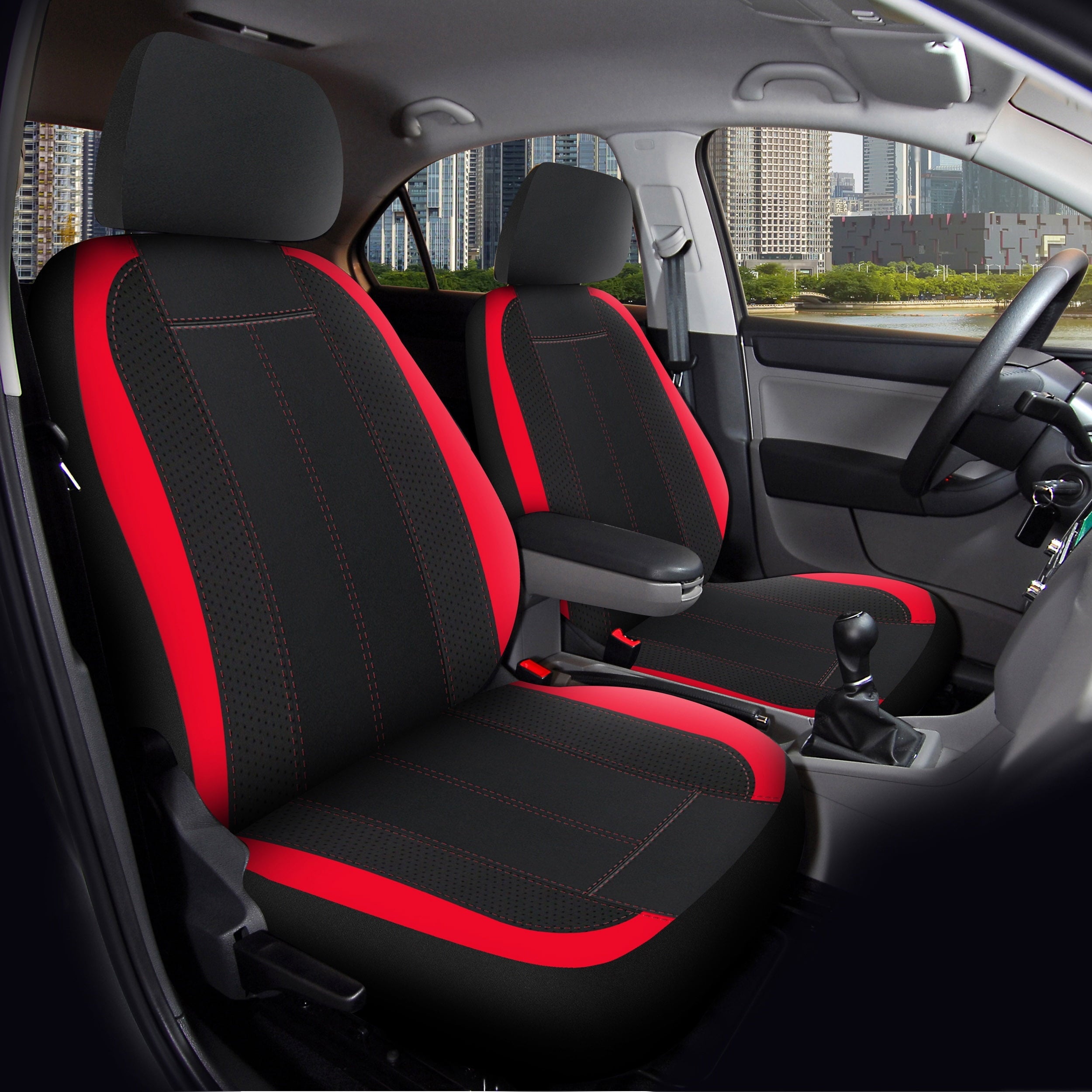 Auto Drive 2 Piece Car Seat Covers and Headrest Covers, Black Red Universal Fit
