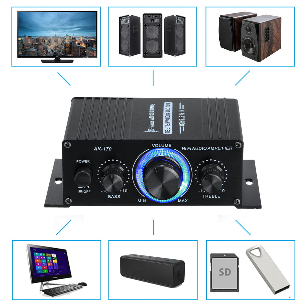 2 Channel Car Stereo Amplifier - 400W Dual Channel High Power Audio Sound Auto Small Speaker Amp with LED Light and Remote Control, Support SD/USB/MP3/FM/Radio