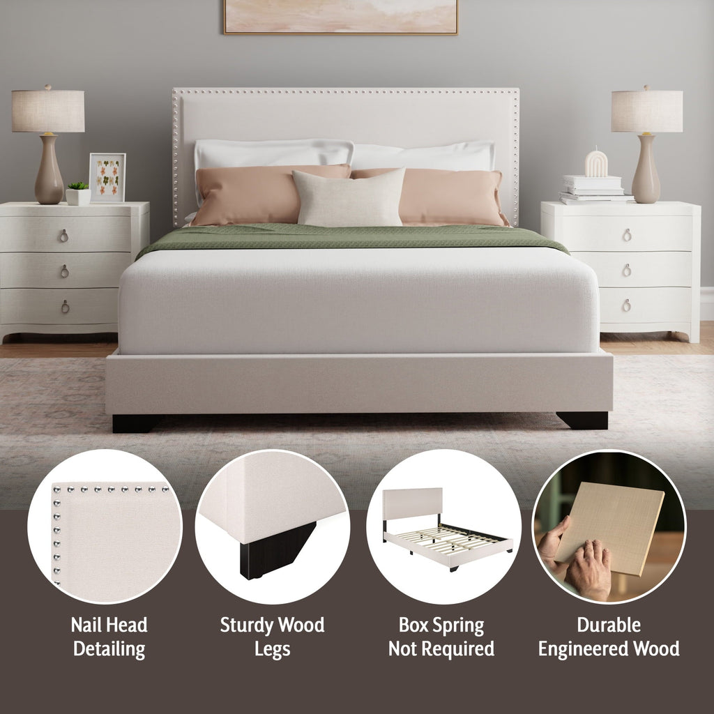 Skylar Nailhead Trim Upholstered Full Platform Bed, Cream