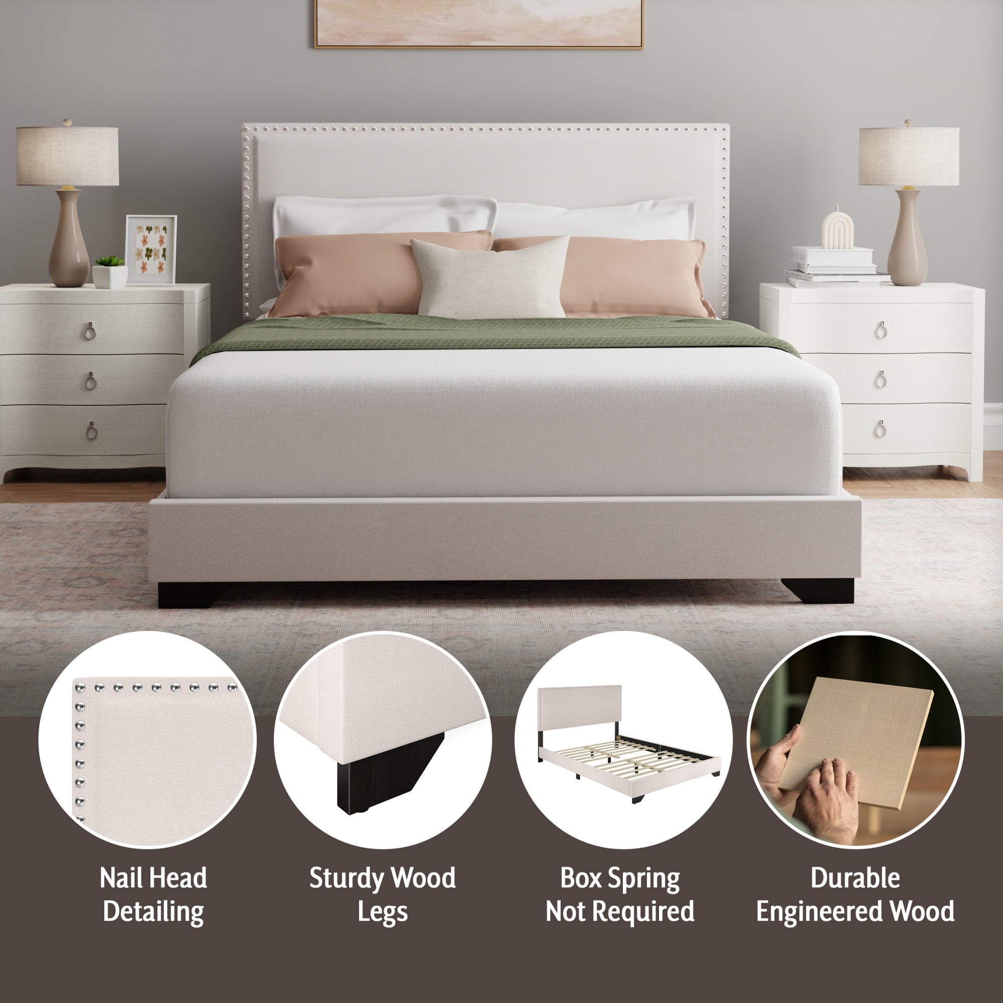 Skylar Nailhead Trim Upholstered Full Platform Bed, Cream