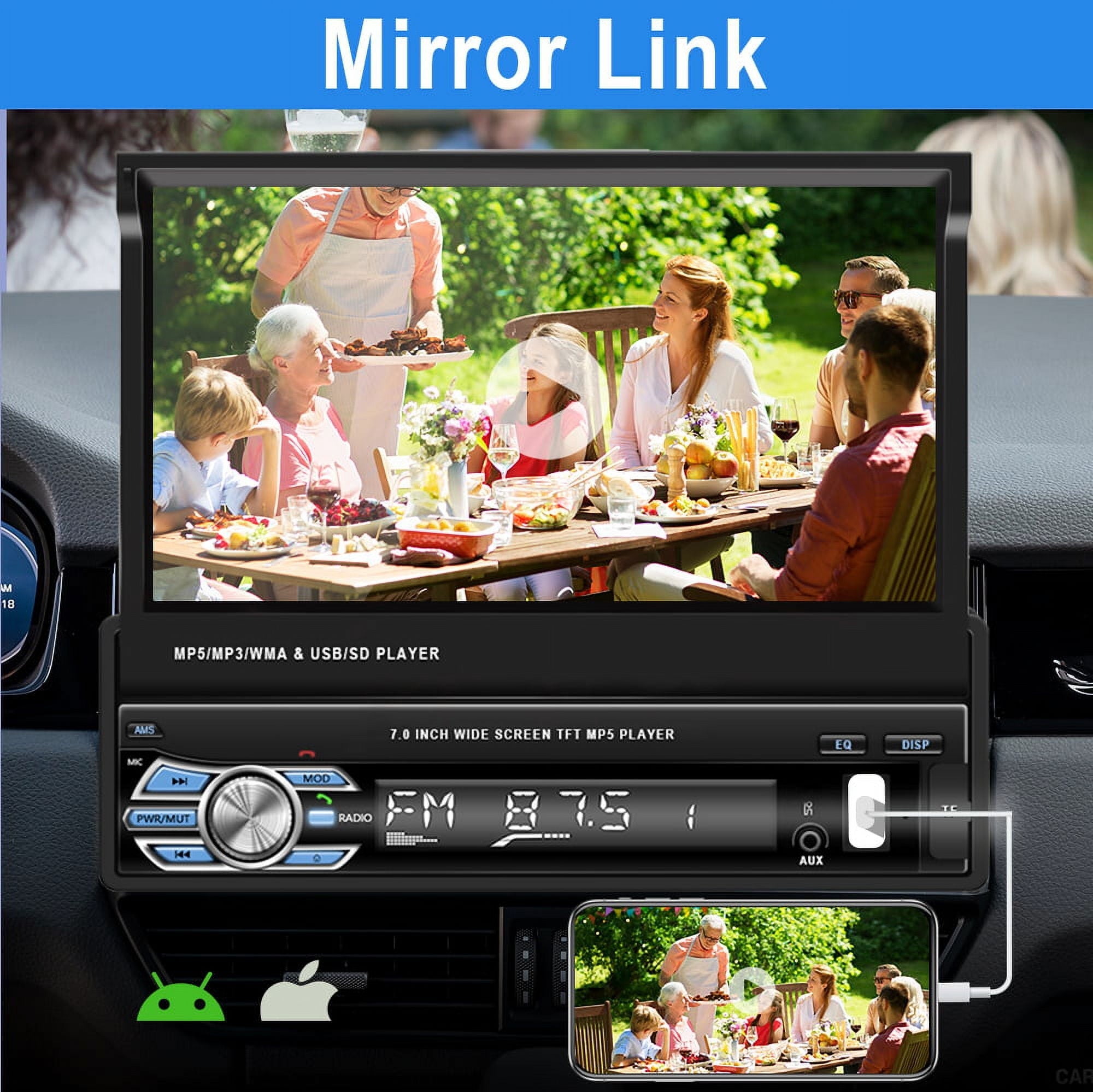 Podofo 1 DIN 7" HD Retractable Car Stereo Car Radio with Bluetooth Touch Screen Single Din Car MP5 Player Monitor SD FM USB with 4 LED Rear View Camera