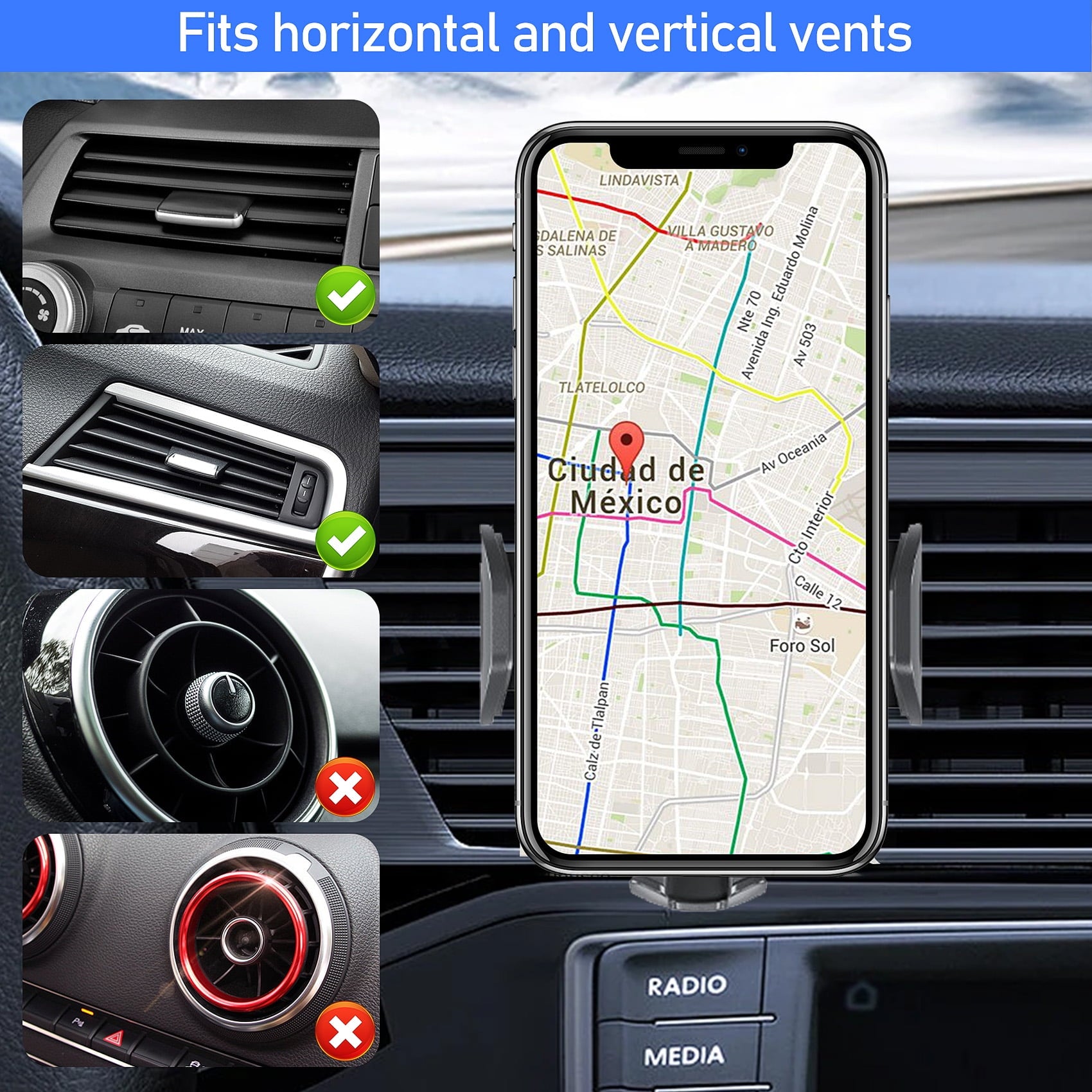 Huryfox Car Phone Holder Universal Mobile Mount for Vehicle, Smartphone Stand on Dashboard, Windshield, Vent, Automobile Cradle Compatible with iPhone, Android Phone