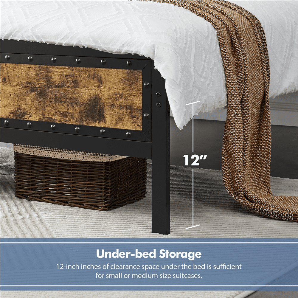 Topeakmart Industrial Metal Bed Frame with Wooden Headboard and Footboard, Queen Size, Rustic Brown