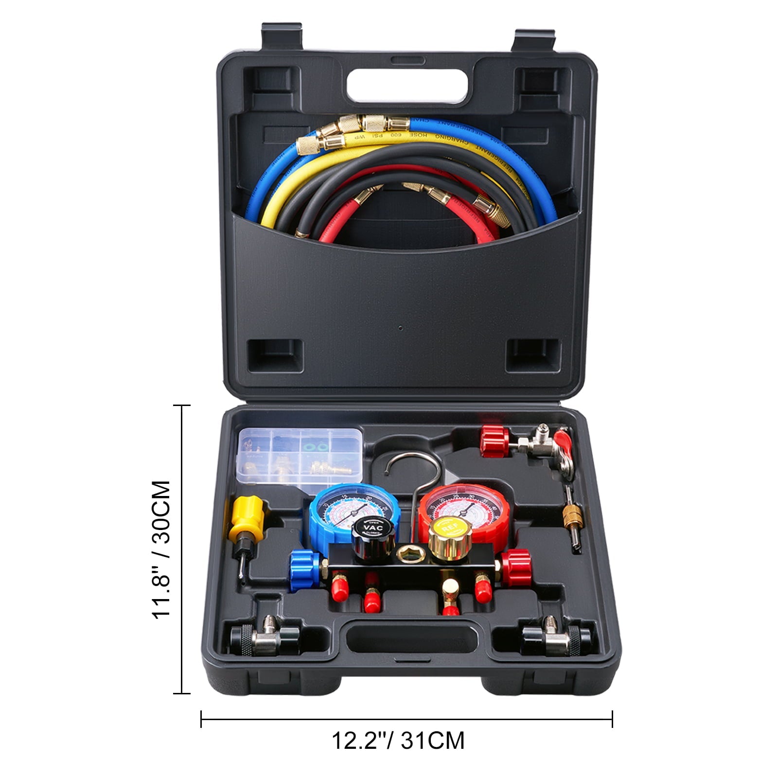 BENTISM 4-Way AC Manifold Gauge Set Fit R134A R22 R12 R502 Refrigeration Charging with Portable Case 4PCS Hoses for Air-Conditioning Refrigerator Maintenance