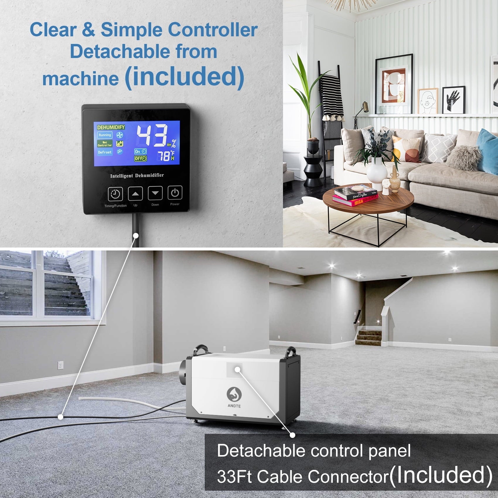 ANDTE 145 Pints Commercial Dehumidifier, Crawl Space Dehumidifier for Basement with 6.56ft Drain Hose and 24 Hr Timer, Compact, Portable, Auto Defrost, Memory Starting