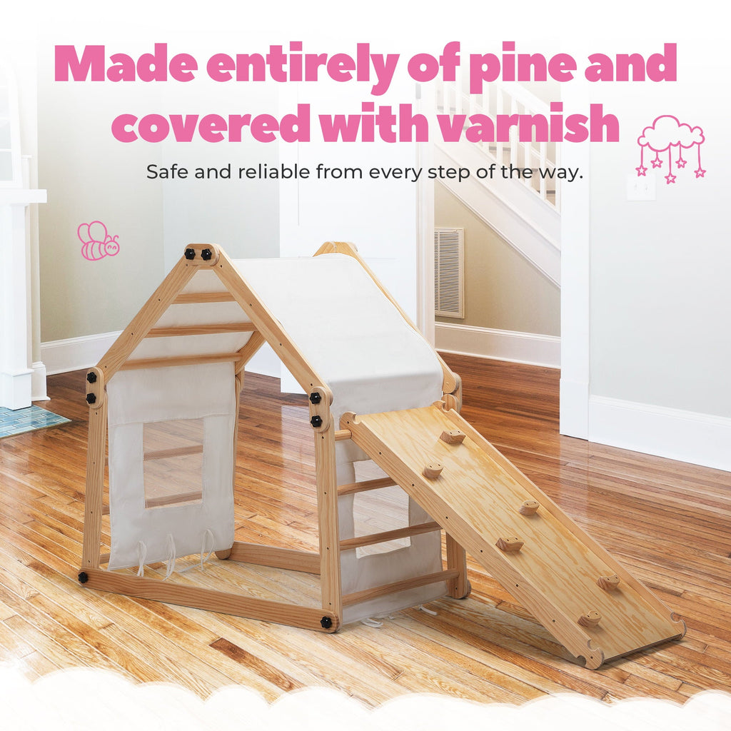 Jaxpety Wooden Triangle Climber Set with Ladder and Canvas Tent, Toddler Indoor Climbing Toys for Kids Aged 3-8 Years Old, Natural Wood