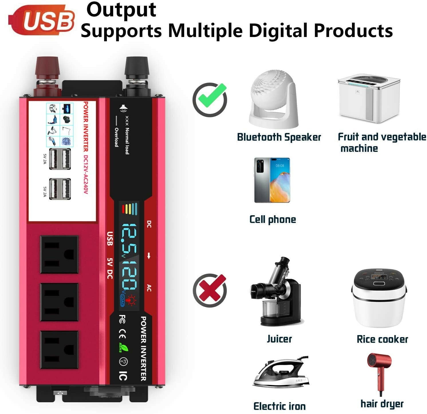 1000W Power Inverter Car Converter Adapter, 500W DC 12V to AC 110V Pure Sine Wave Solar Converter
