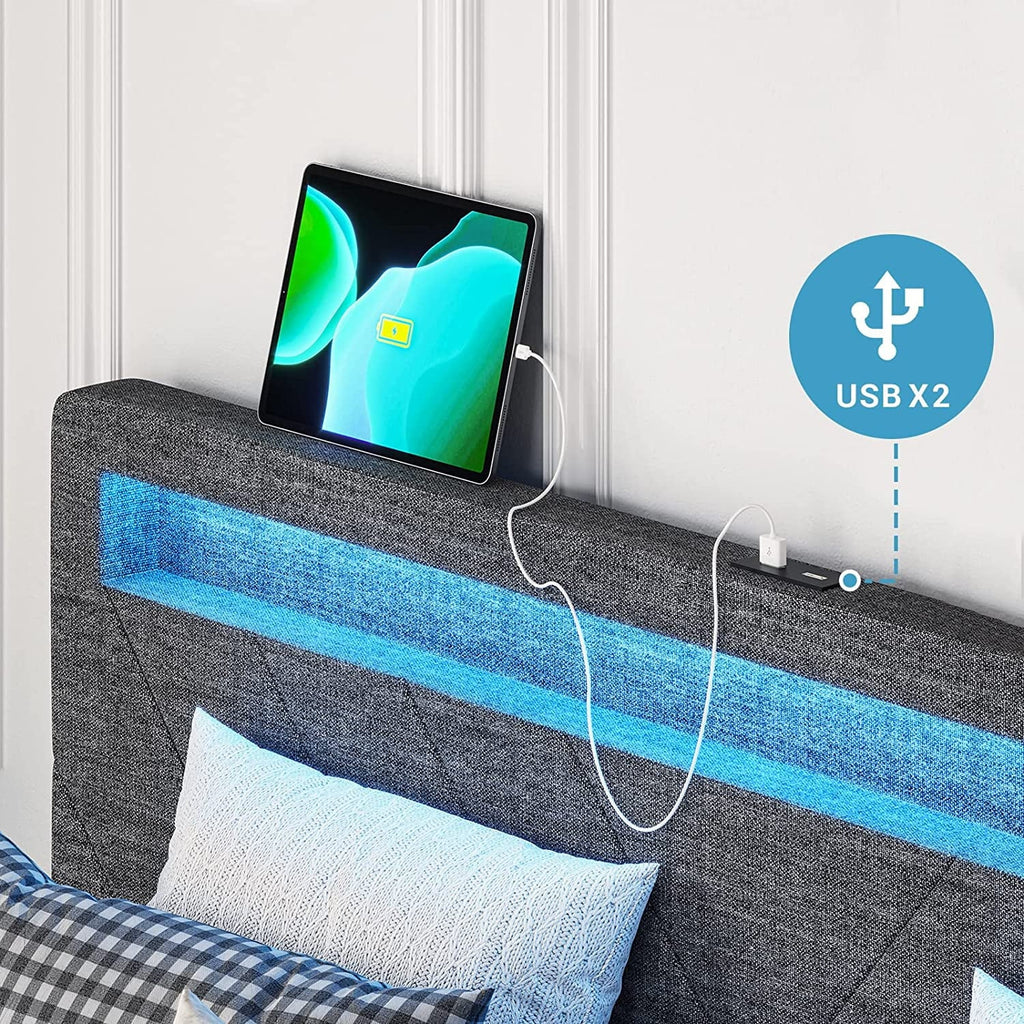 Adorneve Queen Bed Frame with LED Lights Headboard, 4 Drawers,2 USB Charging Station, Upholstered Platform Bed, Dark Gray