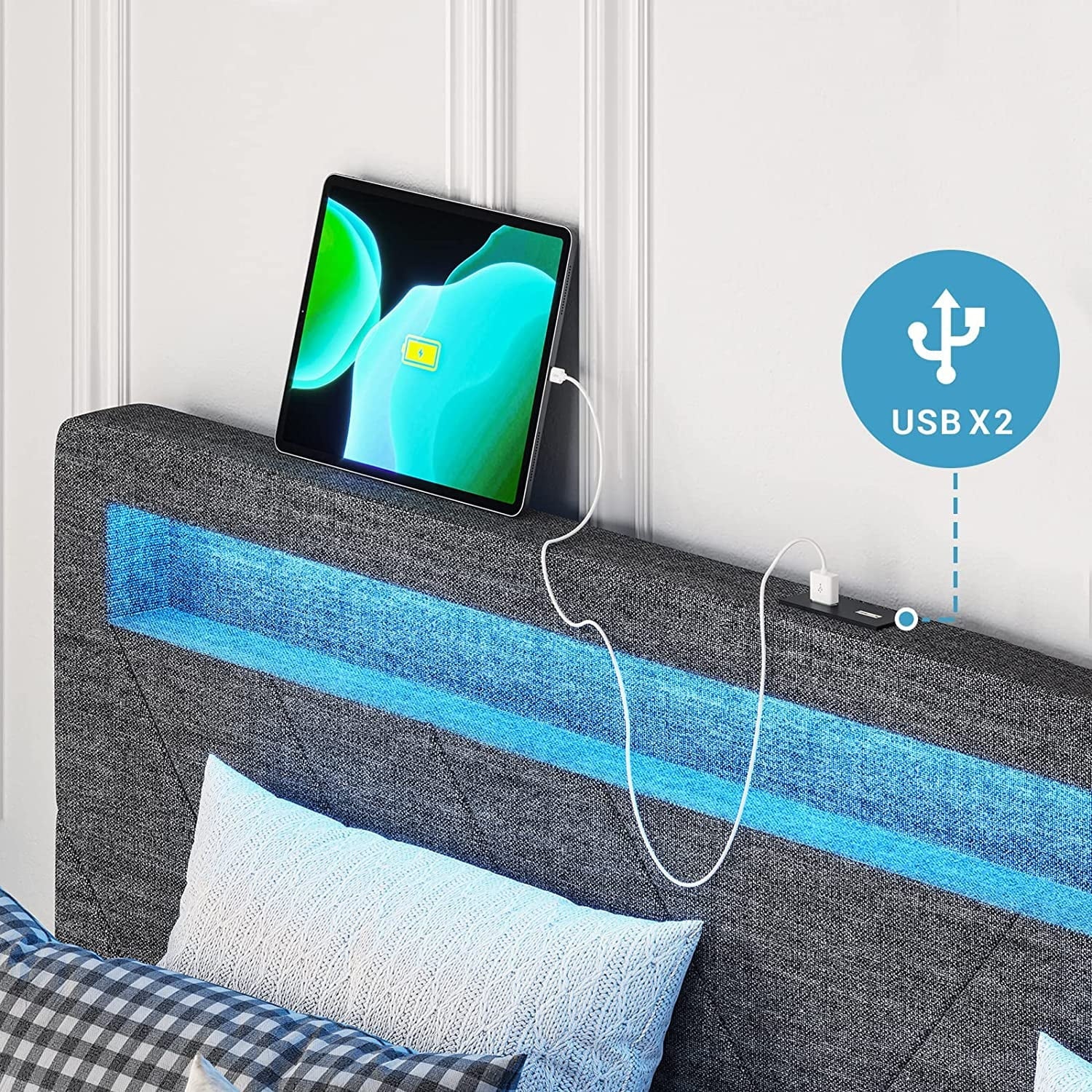 Adorneve Queen Bed Frame with LED Lights Headboard, 4 Drawers,2 USB Charging Station, Upholstered Platform Bed, Dark Gray