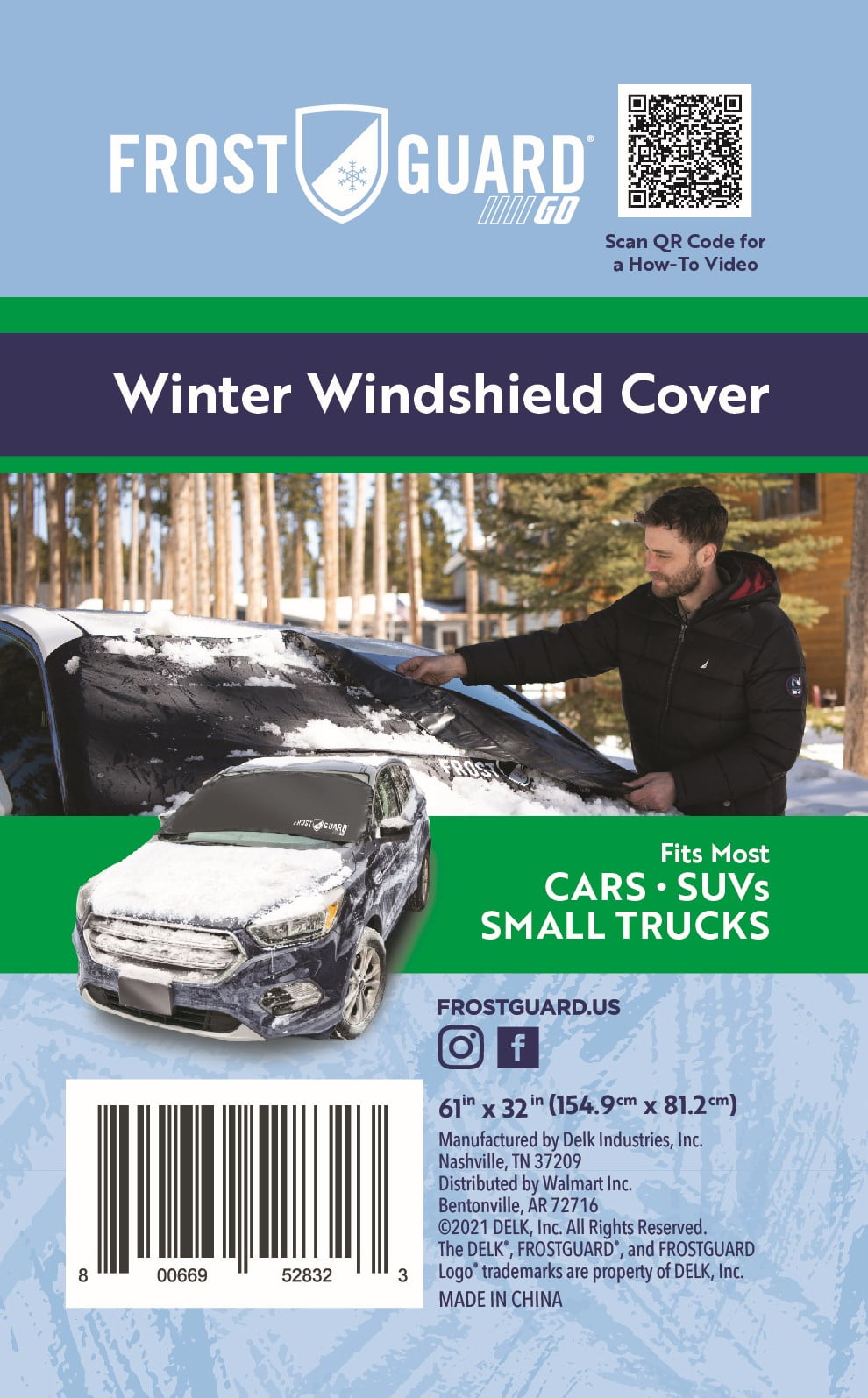 Frost Guard Go Windshield Cover for Snow and Ice, One Size, Security Panels, 61x32 inches, Black