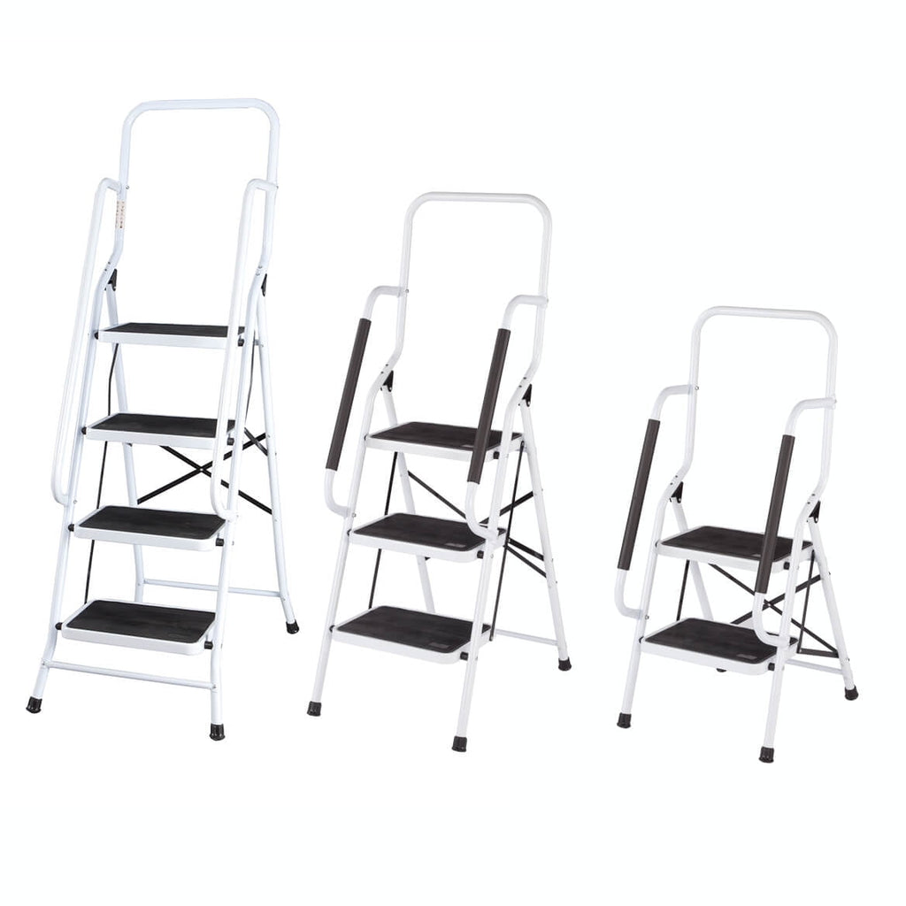 LivingSURE Folding 4-Step Safety Ladder - Heavy Duty Steel, Anti-Slip Treads, Padded Handrails - Space Saving Design - Perfect for Home, Kitchen, Office - 32 x 21 x 66 inches