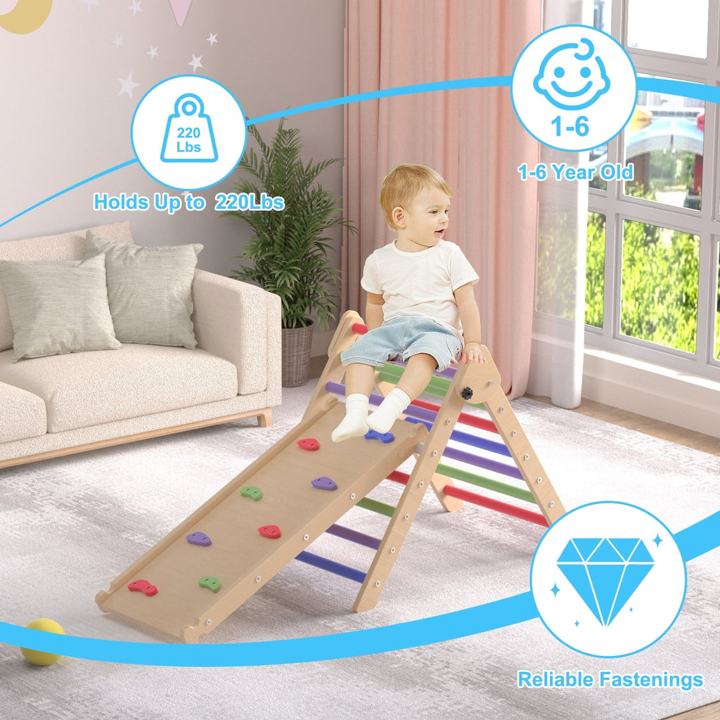 YUFU 2 in 1 Climbing Triangle Ladder with Ramp Foldable Wooden Triangle Climber Set Montessori Climbing Toys for Kids Ourdoor Indoor Playground Play Gym