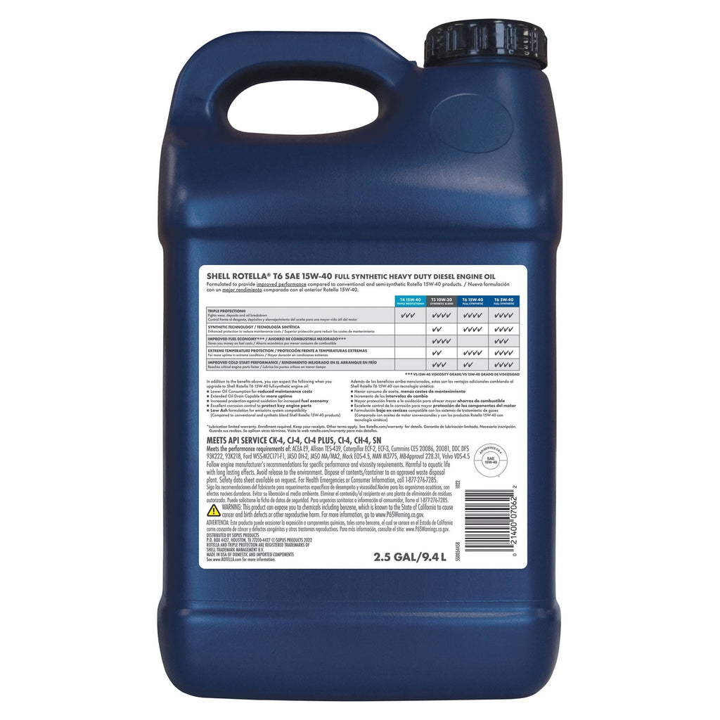 Shell Rotella T6 Full Synthetic 15W-40 Diesel Engine Motor Oil, 2.5 Gallon