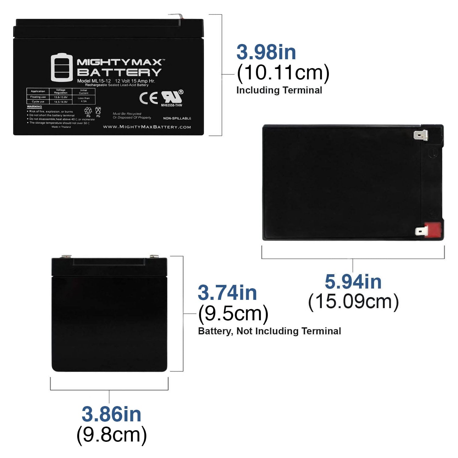 ML15-12 12V 15AH F2 UPS Backup Battery Replaces Vision HP12-65W, HP12-65W