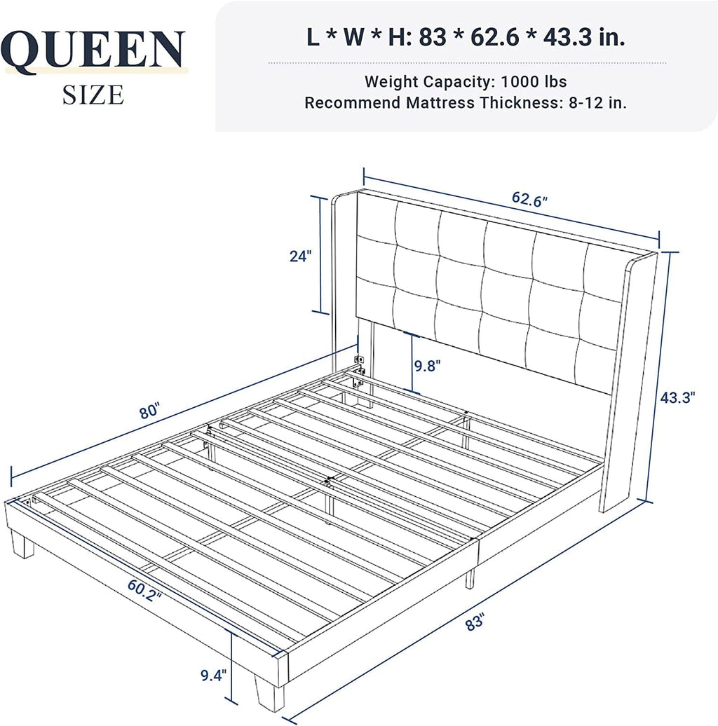 Allewie Queen Size Platform Bed with Wingback Fabric Upholstered Square Stitched Headboard and Wooden Slats, Grey