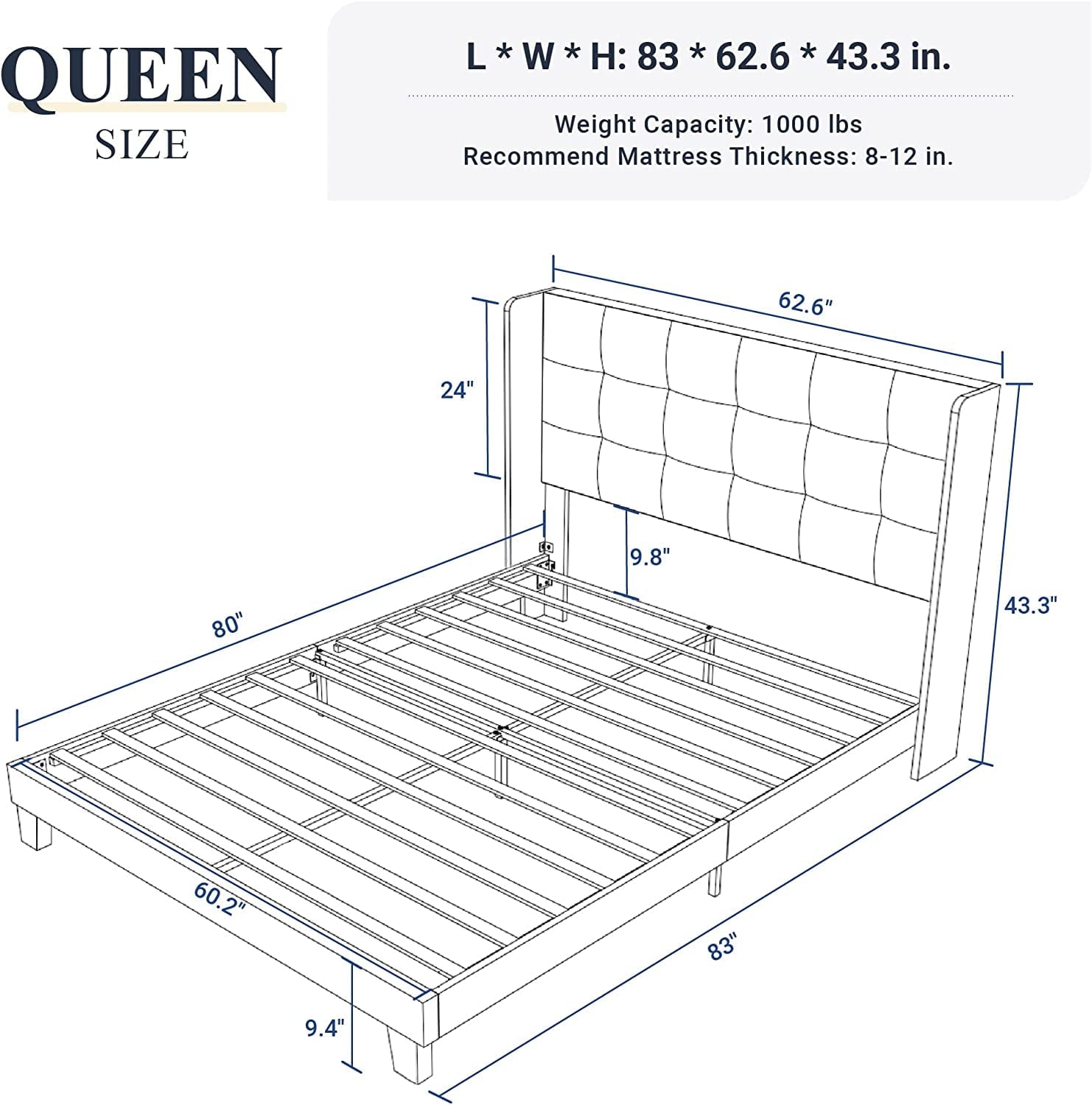 Allewie Queen Size Platform Bed with Wingback Fabric Upholstered Square Stitched Headboard and Wooden Slats, Grey