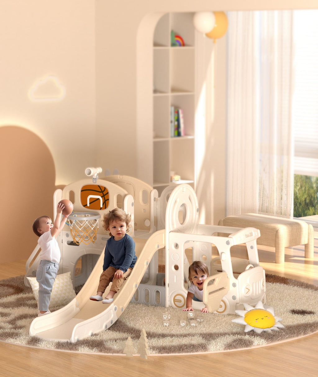 XJD 10 in 1 Toddler Slide, Kids Slide for Toddlers Age 1-3, Toddler Play Climber Slide Playset with Basketball Hoop and Ball, Toddlers Outdoor Indoor Playground(Beige+Coffee)