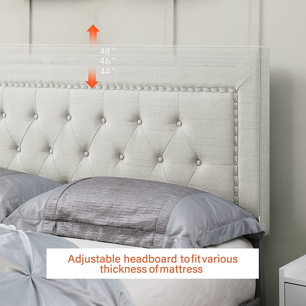Twin Upholstered Platform Bed Frame with 48" Tall Adjustable Headboard - Button Tufted Cloth Bed - Beige - Oliver & Smith - Berlin