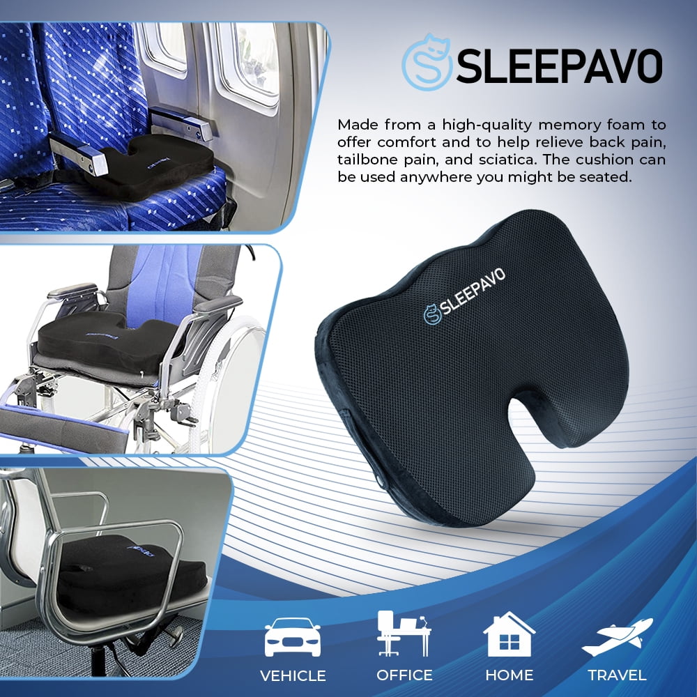 Sleepavo Seat Cushion - Office Chair Cushion for Sciatica Pain Relief, Seat Cushion for Tailbone Pain Relief - Back Support Pillow - Seat Cushion for Car (Black)