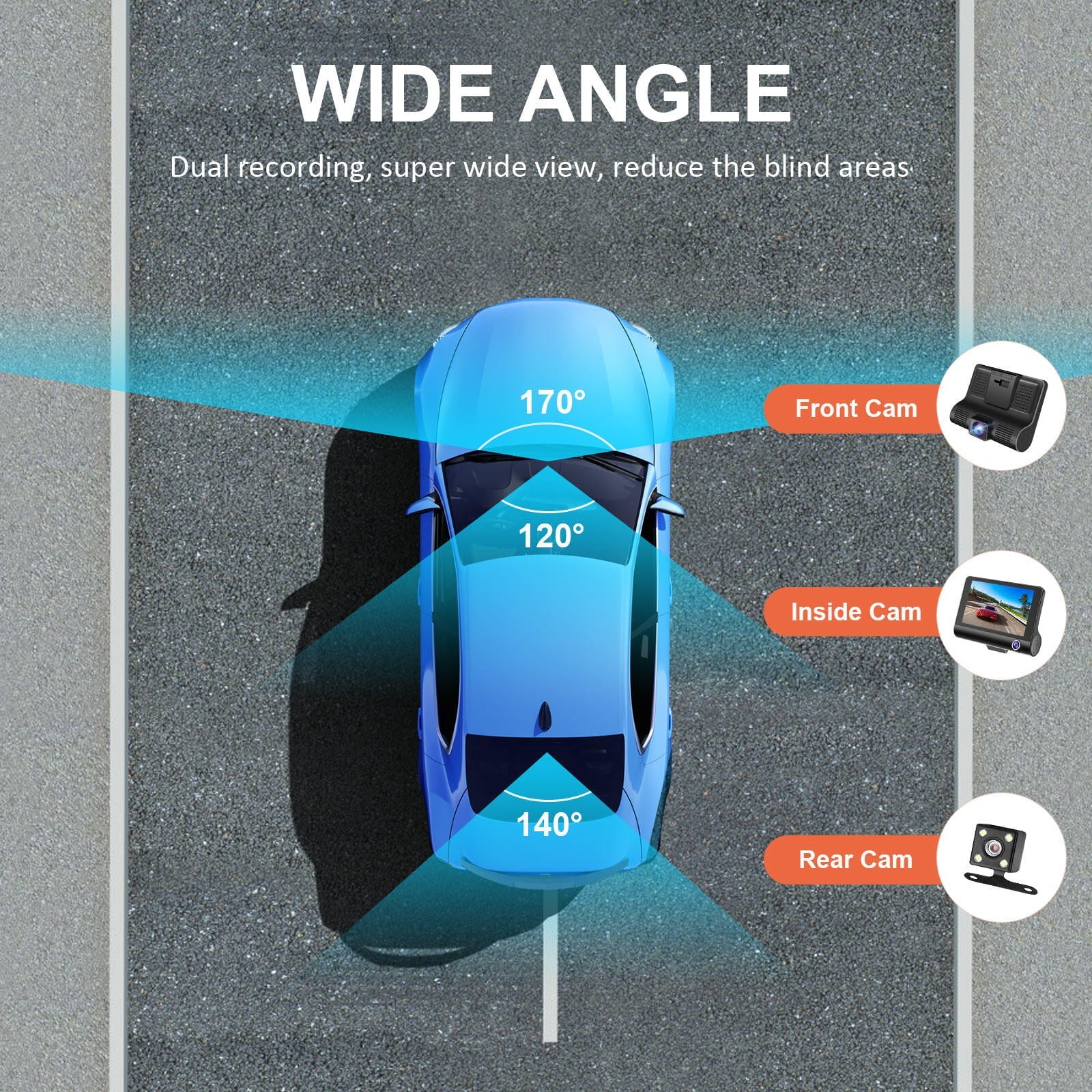 3 Channel Dash Cam Front and Rear Inside, 1080P Dash Camera for Cars, Dashcam Three Way Triple Car Camera with IR Night Vision, Loop Recording, G-Sensor, Parking Monitor, 24 Hours Recording