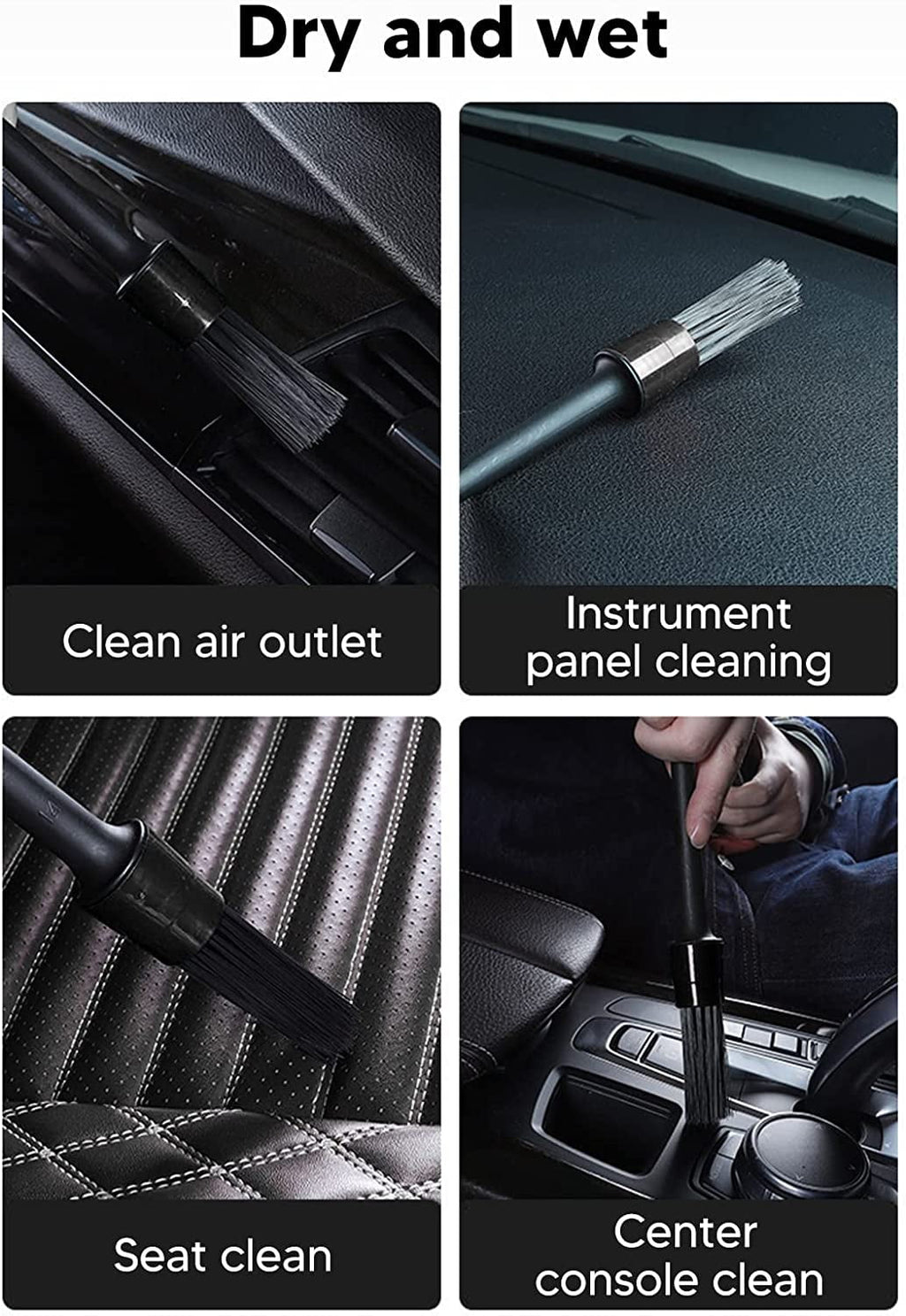 Detailing Brush Set, 5PCS Different Sizes Auto Detailing Brushes Soft Nylon Car Detail Brushes for Car Interior Exterior Tires Air Vents Panels Leather Engine Bay Cleaning (Black) (Black)
