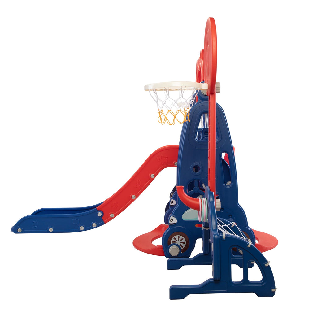 Kids-gift! 5 in 1 Slide and Swing Playing Set, Toddler Extra-Long Slide with 2 Basketball Hoops, Football, Ringtoss, Indoor Outdoor