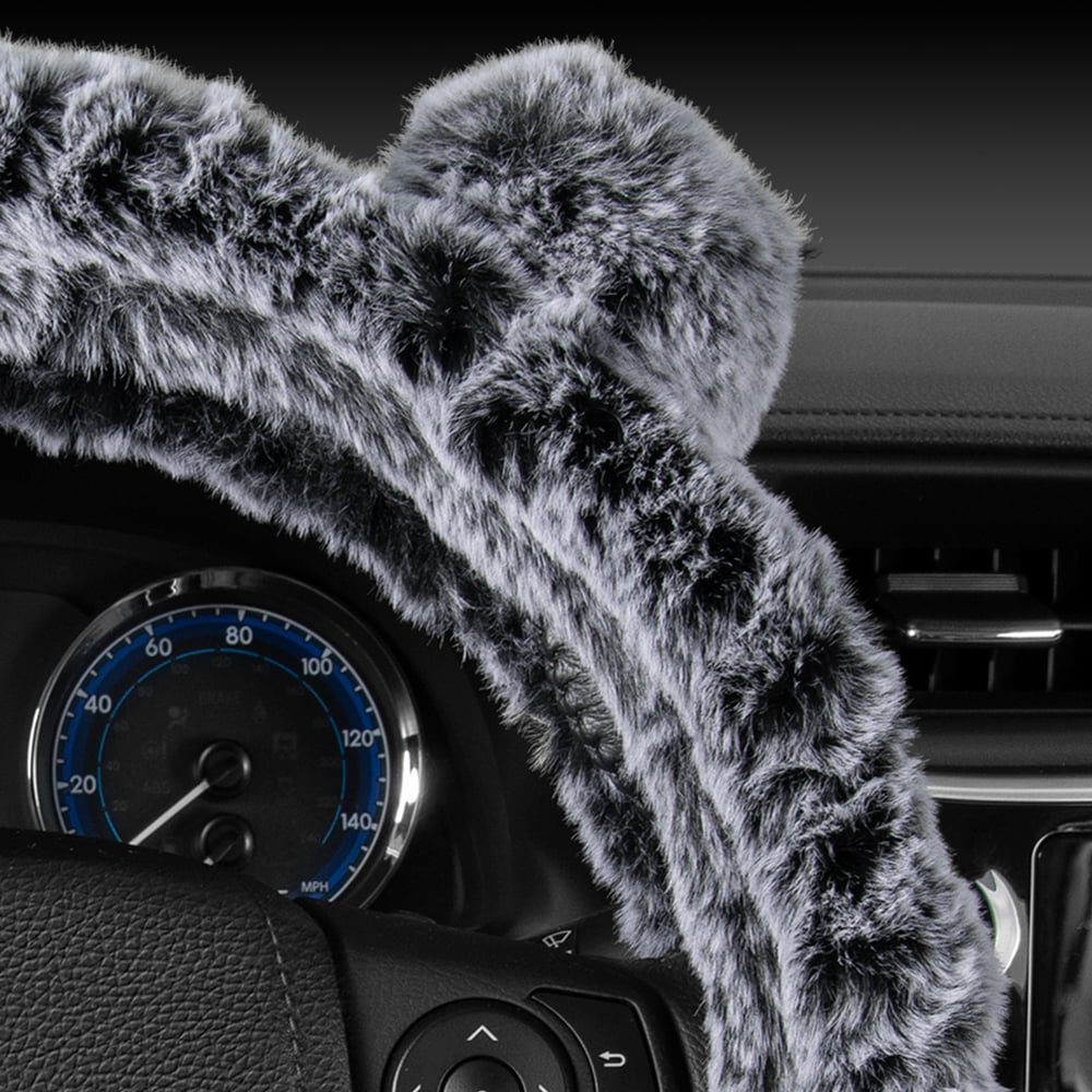 BDK Bear Fur Plush Steering Wheel Cover - Cute Faux Wool Protector Universal Size (Gray - With Ears)