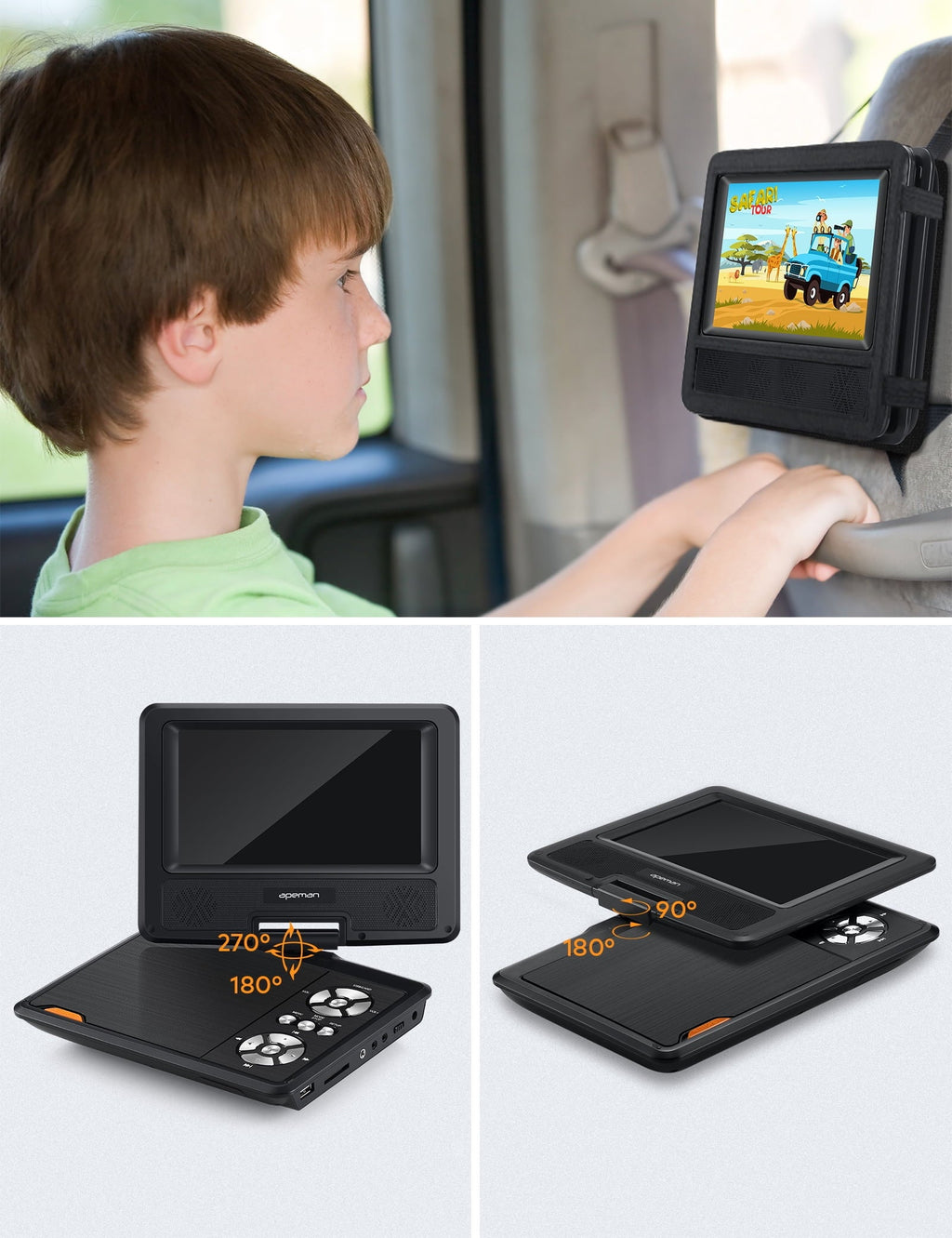 7.5'' Portable DVD Player for Car and Kids Support USB & SD Cards 5 Hours Internal Battery Car DVD Player with Car Charger, Black